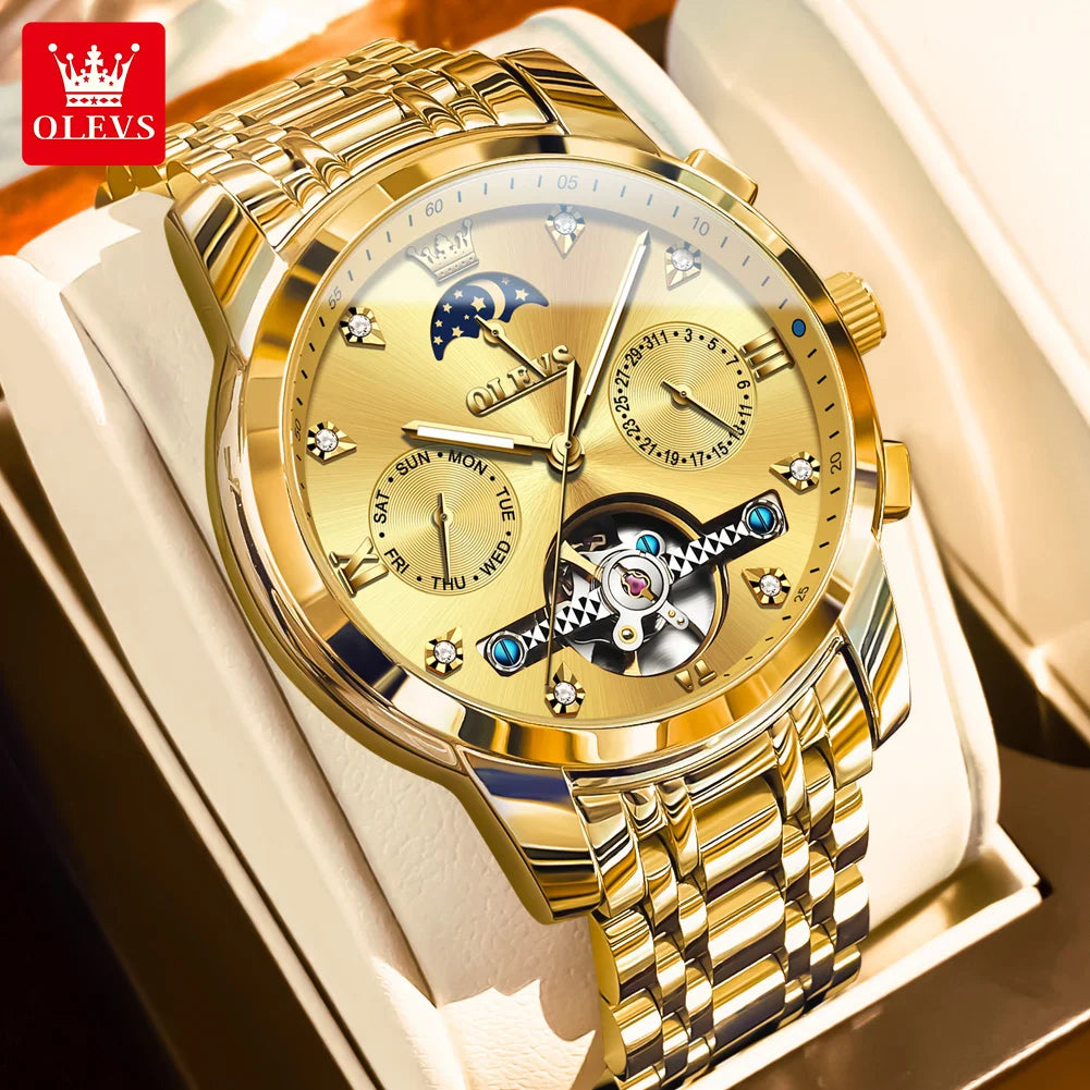 OLEVS Herrenuhren Business Mondphase Luxus Automatische Mechanische Uhr Für Herren Wasserdicht Edelstahl Woche Datum Uhr 6678