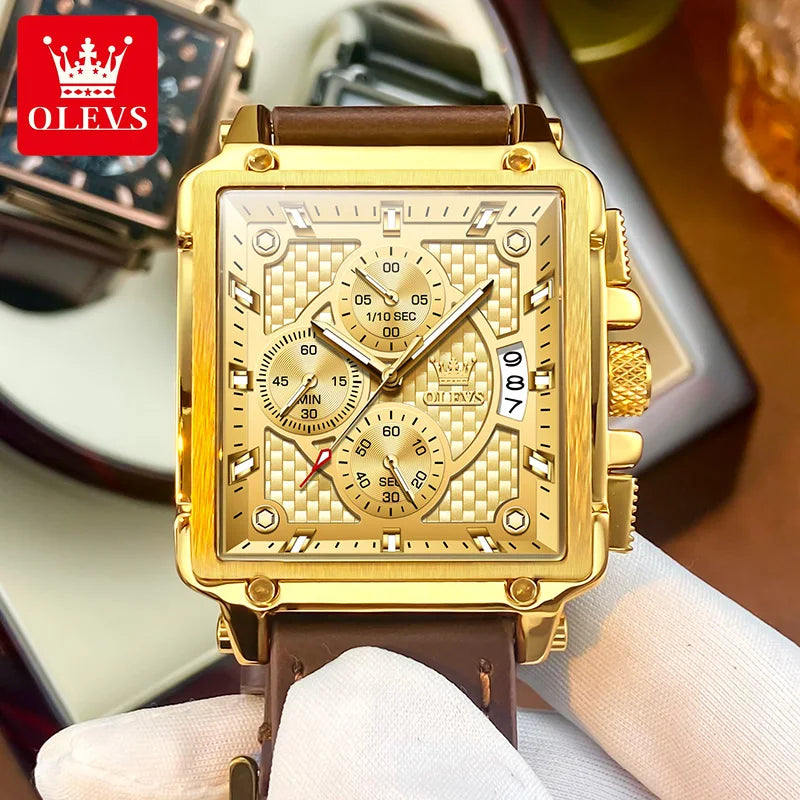 OLEVS Uhr Lässige Mode Quadratische Quarzuhr für Herren Wasserdichte Leuchtende Lederarmband Datumsanzeige Herrenuhr Topseller 9925