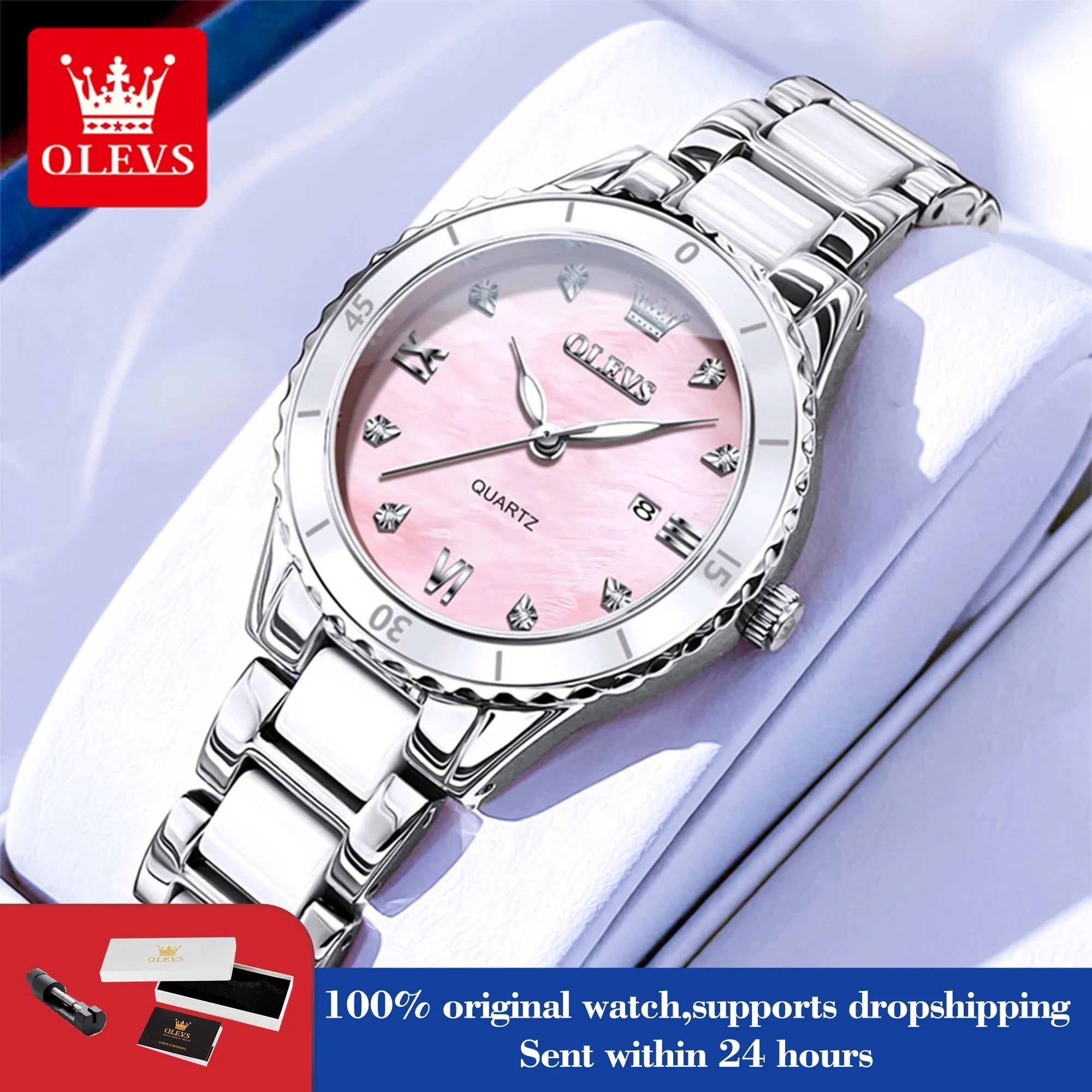 OLEVS 9985 Damenuhr Keramik Armband Mode Datum Quarzuhr für Damen Top Marke Wasserdicht Elegante Damenuhr