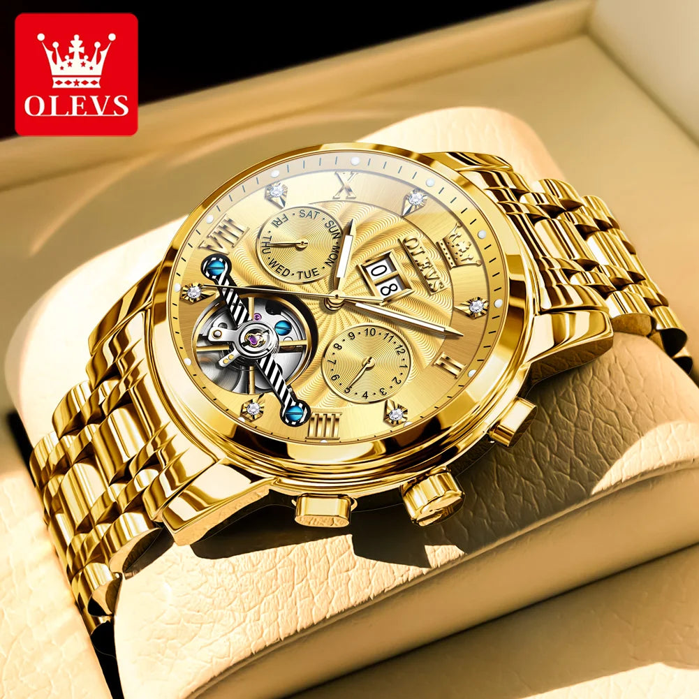 OLEVS 9910 Herrenuhr Luxus Business Mechanische Uhr für Herren Hohl Roman Skala Wasserdicht Leuchtender Kalender Herren-Armbanduhr