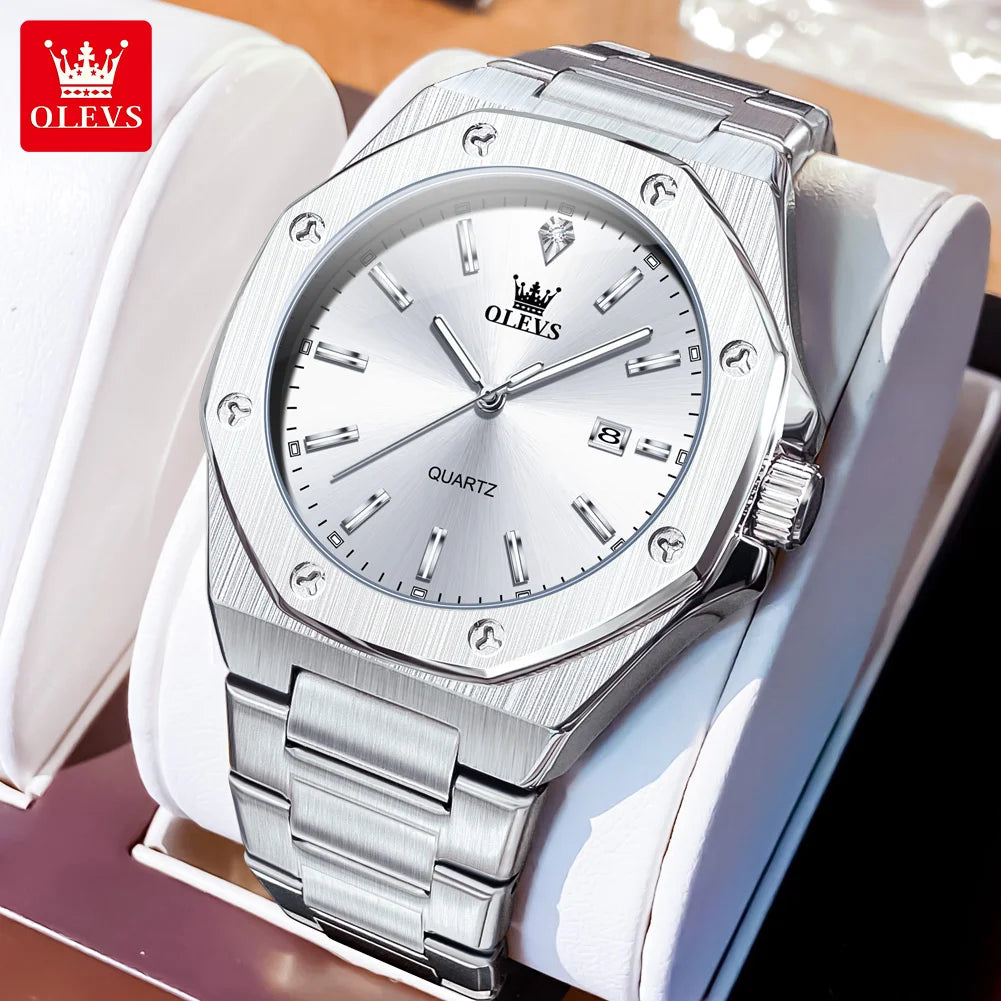 OLEVS 3613 Watch For Men Original Luxury Date Luminous Quartz Male Dress Hand Clock Waterproof Stainless Steel Strap Man Watch