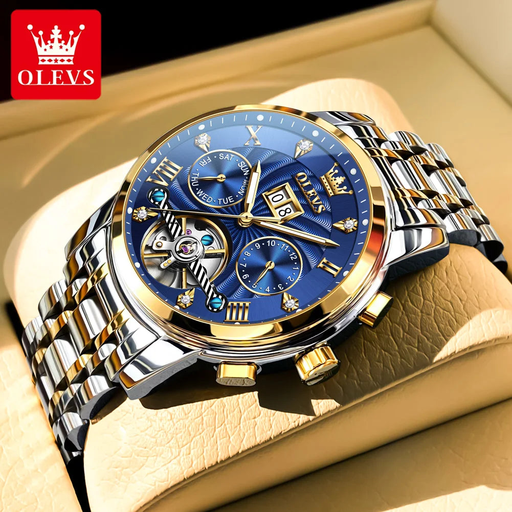 OLEVS 9910 Herrenuhr Luxus Business Mechanische Uhr für Herren Hohl Roman Skala Wasserdicht Leuchtender Kalender Herren-Armbanduhr