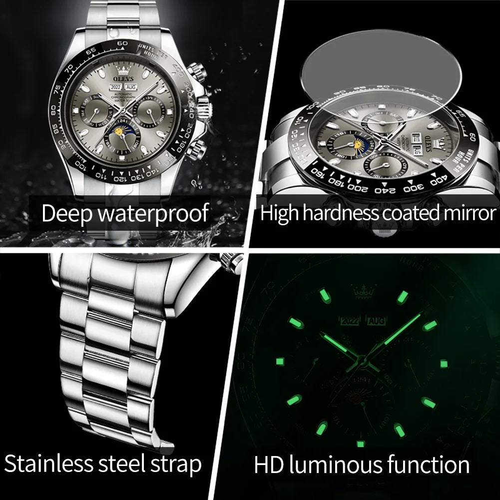 OLEVS 6654 Herrenuhr Wochenkalenderanzeige Automatische mechanische Uhr für Herren Edelstahl Wasserdicht Geschäftsuhr