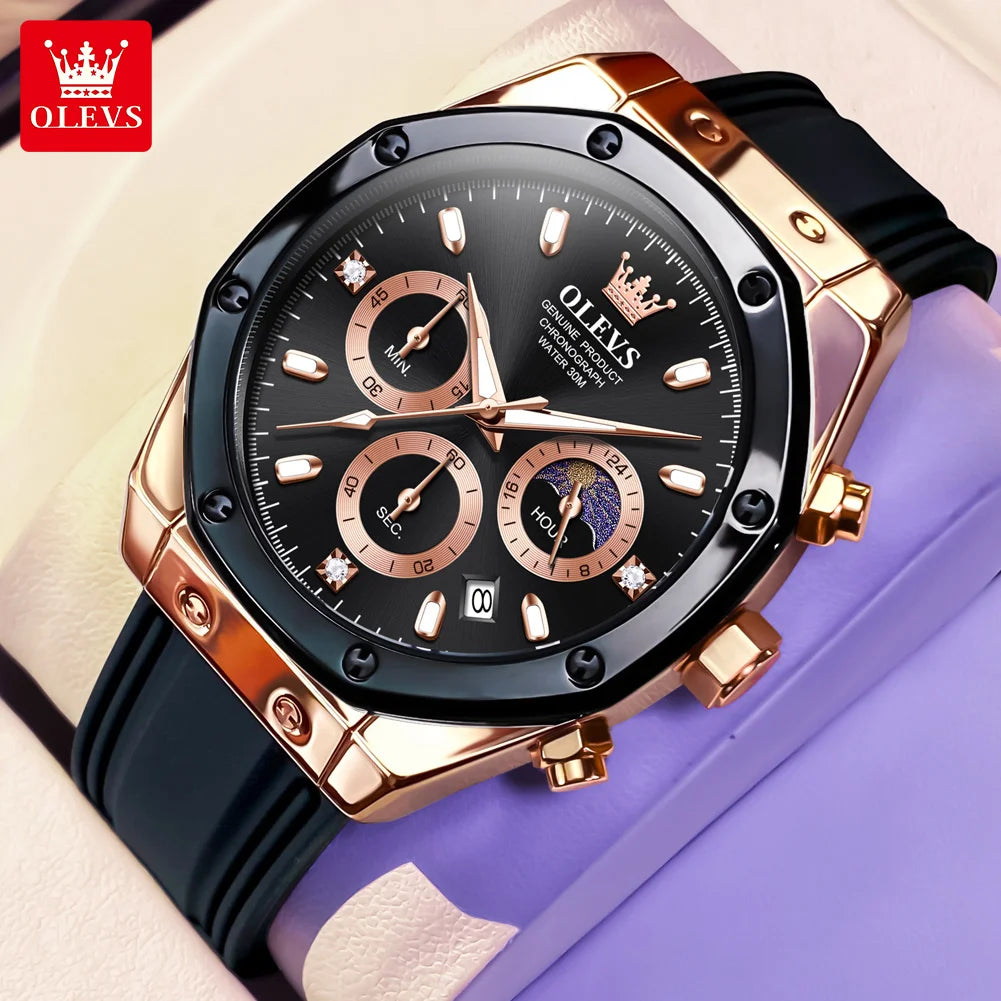 OLEVS 9911 Erkek Kuvars Saat Büyük Kadran Kronograf Saat Erkekler İçin Moonswatch Tarih Moda Su Geçirmez Erkek Kol Saati Silikon Kayış