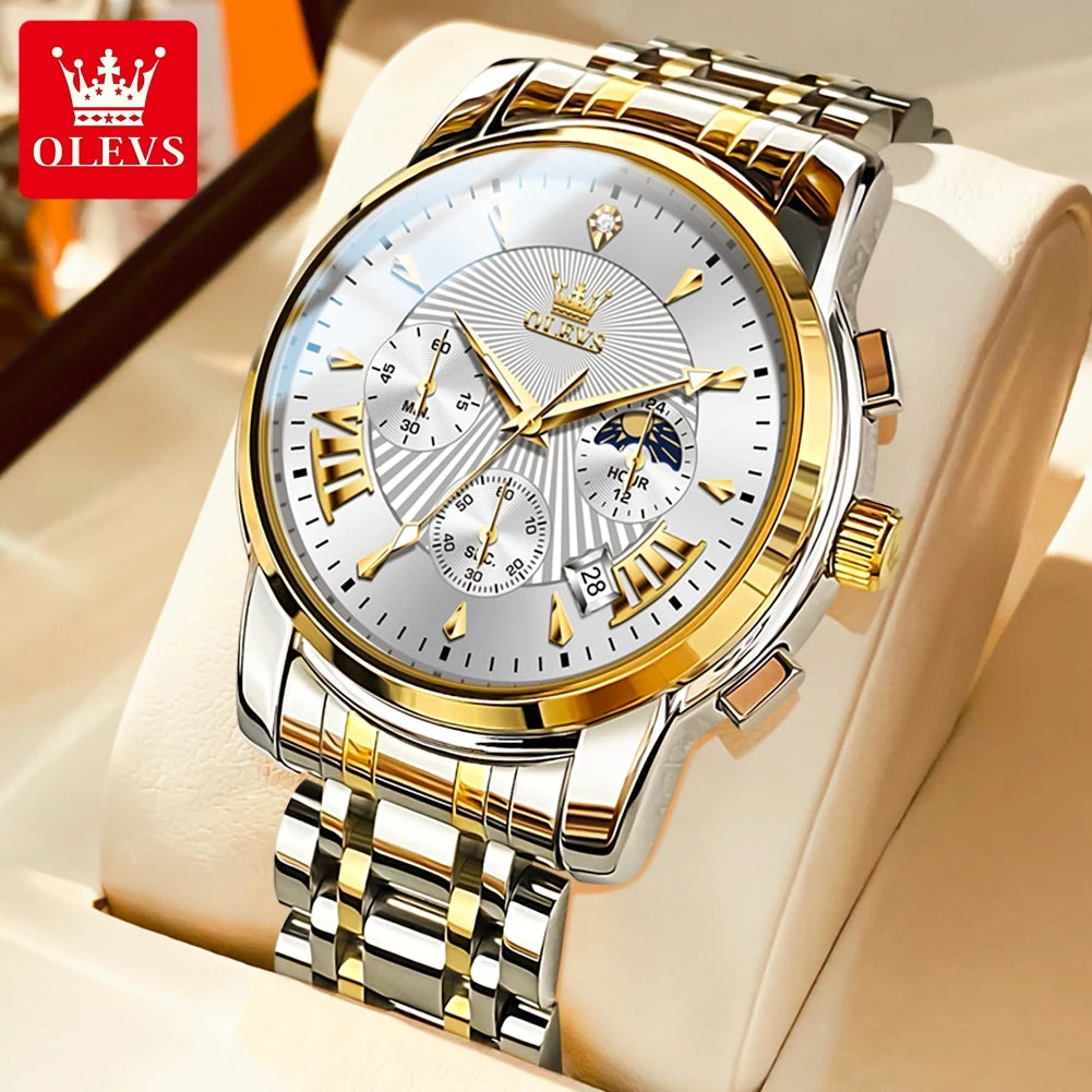 OLEVS 2892 Uhr Herren Schlicht Luxus Quarz Uhr für Herren Top Marke Chronograph Mondphase Wasserdichte Dress-Armbanduhr Leuchtend