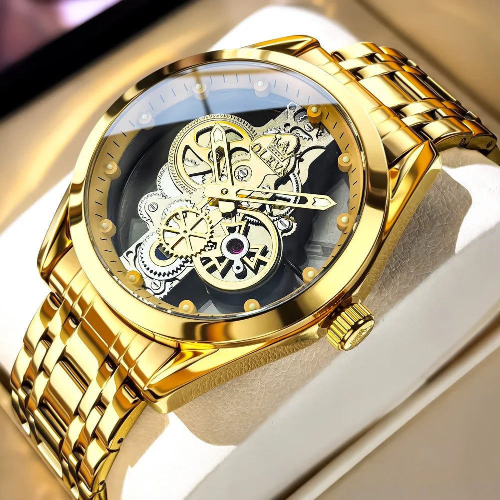 OLEVS 3725 Luxus Herrenuhren 40mm großes Zifferblatt Mode Business Skelett Quarz Uhr für Herren Wasserdicht Leuchtende Herrenuhr