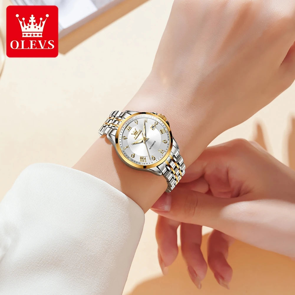 OLEVS 6702 Damenuhr Stahlarmband Automatische Datumsanzeige Mechanische Uhr für Damen Römische Skala Luxus Leuchtend Wasserdicht Damenuhr