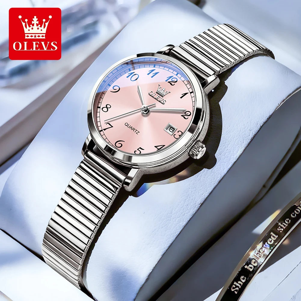 OLEVS 7130 Damenuhren Elegante Mesh-Armband Quarzuhr 9,5mm dünnes Gehäuse Wasserdichtes Automatisches Datum Damen Uhr