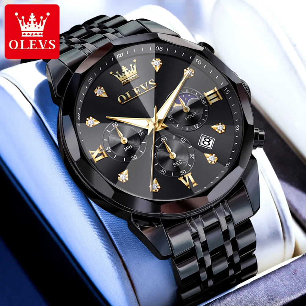 OLEVS 3670 Men's Watch Fashion Date Moon Phase Luminous Quartz Watch For Men Luxury Chronograph Waterproof Business Hand Clock