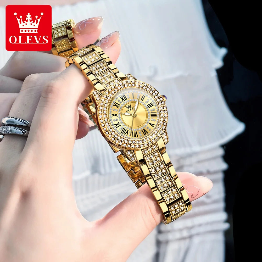 OLEVS Kadın Saatleri Lüks Orijinal Kuvars Bayan Kol Saati Su Geçirmez Rose Gold Çelik Kordon Romen Kadranlı Kadın Saati 9943