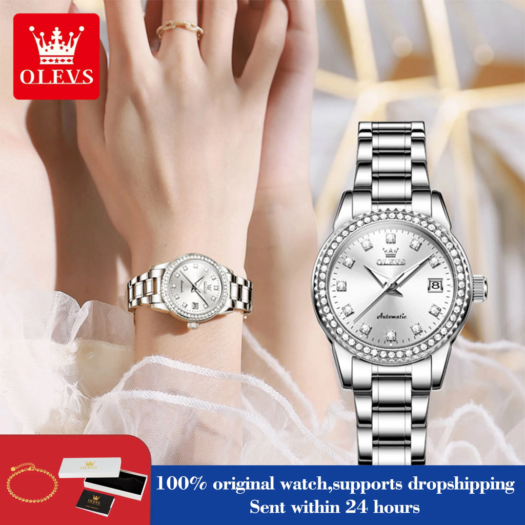 OLEVS 7003 Damen Automatikuhr Diamant-Skala Mechanische Uhr für Damen Stahlarmband Luxus Datum Damenuhr Wasserdicht