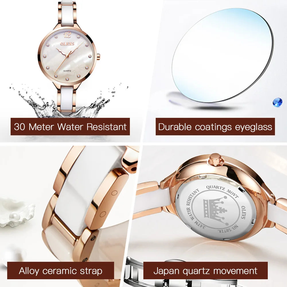 OLEVS 5872 Damenarmbanduhr Mode Elegante Quarzuhr für Frauen Keramik-Edelstahlarmband Wasserdichte Damenuhr Reloj