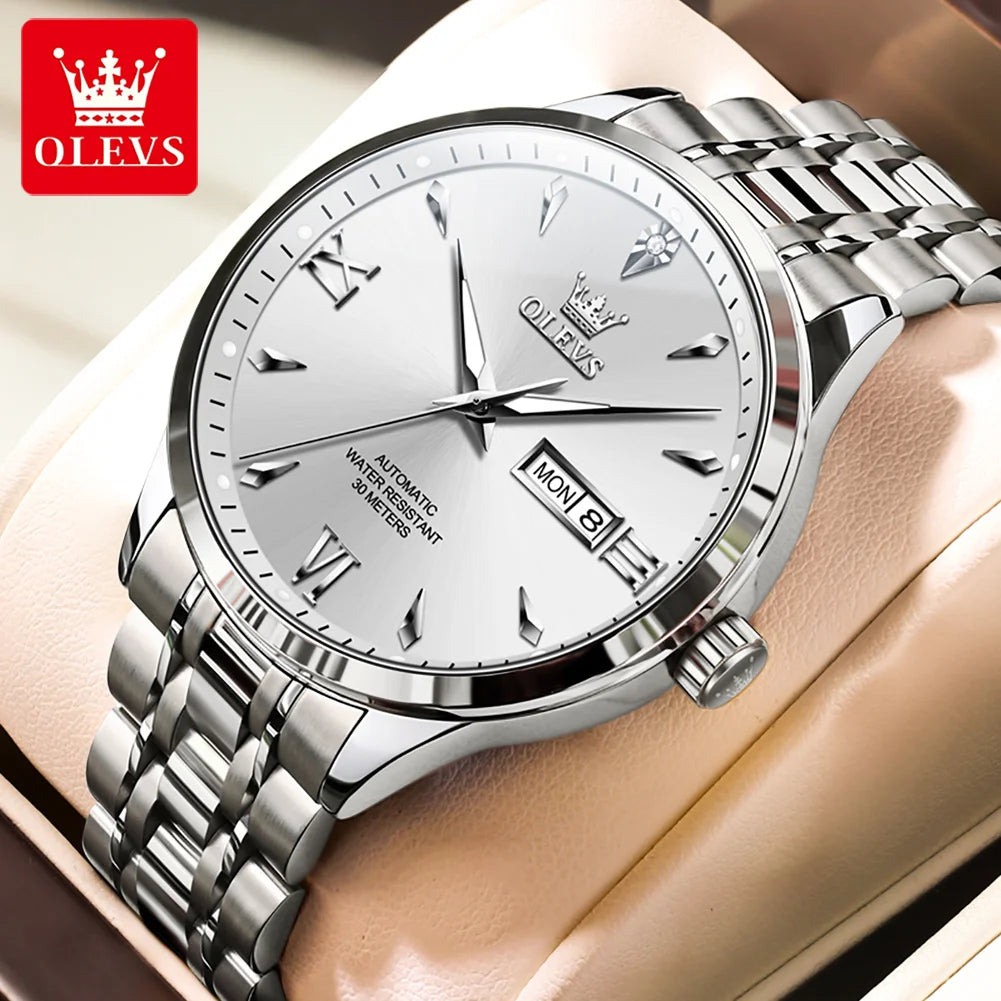 OLEVS 9956 Herrenuhr Stahlarmband Luxus Automatikuhr für Herren Original Mode Wasserdicht Mechanische Uhr Doppelkalender