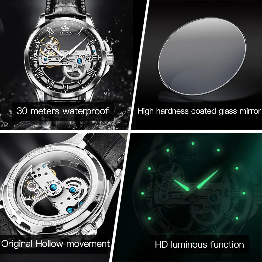OLEVS 6661 Automatikuhr für Herren Skelett Original Mechanisches Uhrwerk Herrenarmbanduhr Wasserdicht Leuchtende Sport Herrenuhren
