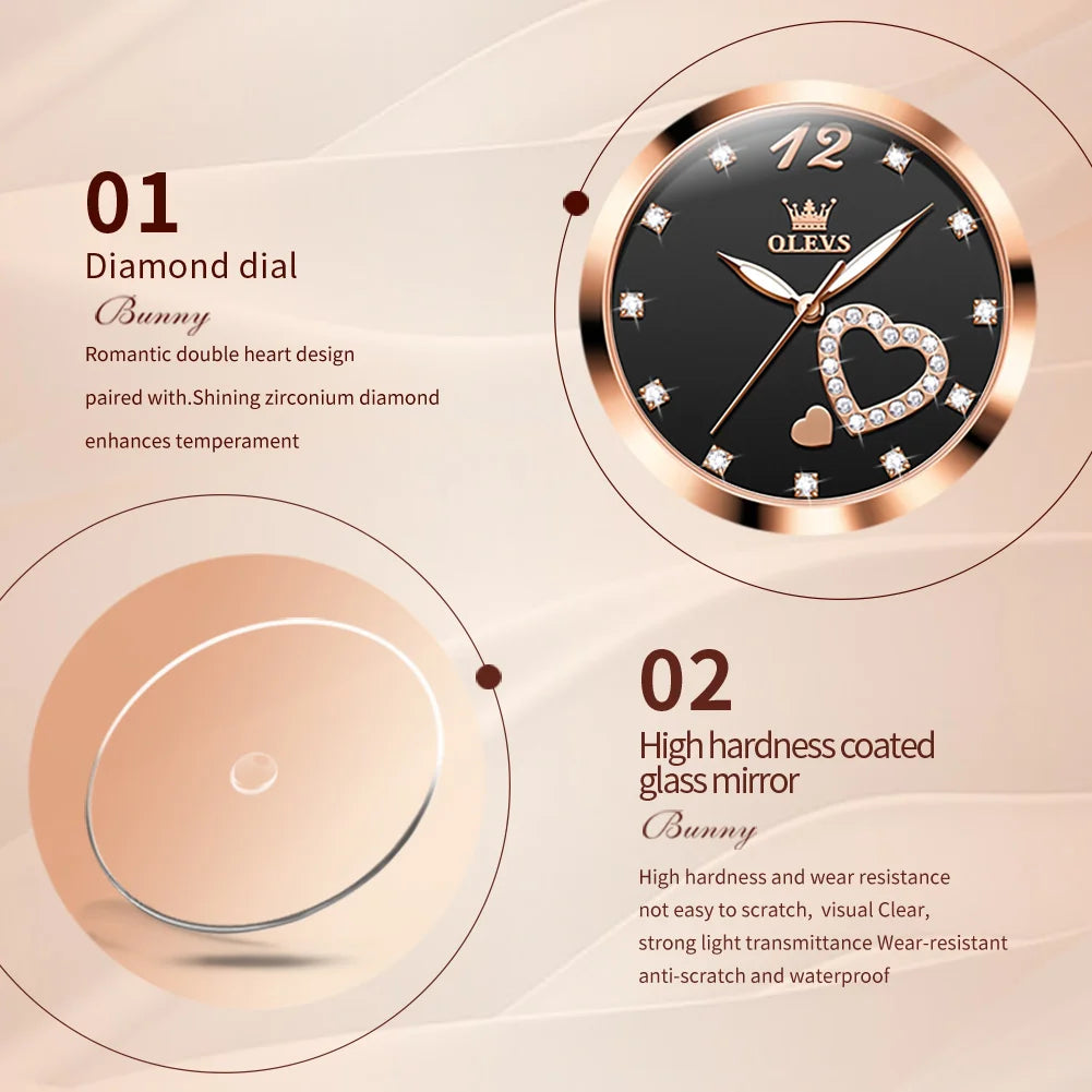 OLEVS 5189 Damenuhren Luxus Wasserdichte Quarzuhr für Damen Leuchtende Edelstahl Herzform Einfaches Zifferblatt Zeiger Uhr