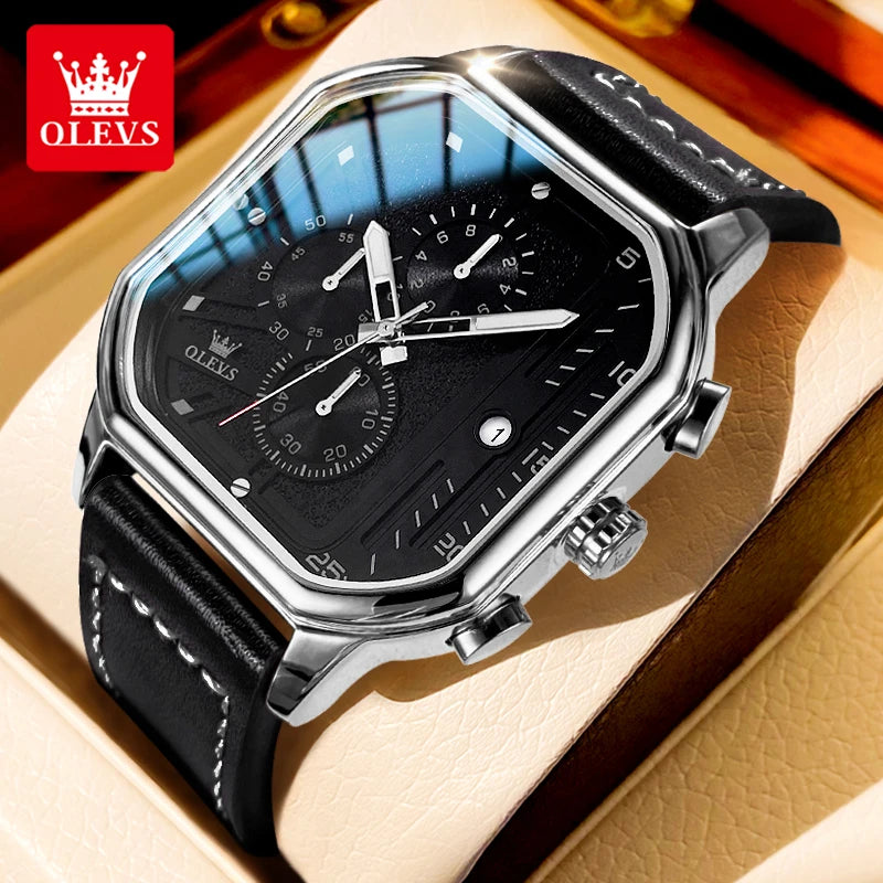 OLEVS Business Casual Fashion Watch Quadratische Quarzuhr Leder Datum Uhren für Herren Wasserdicht Leuchtend Herrenuhren 9950