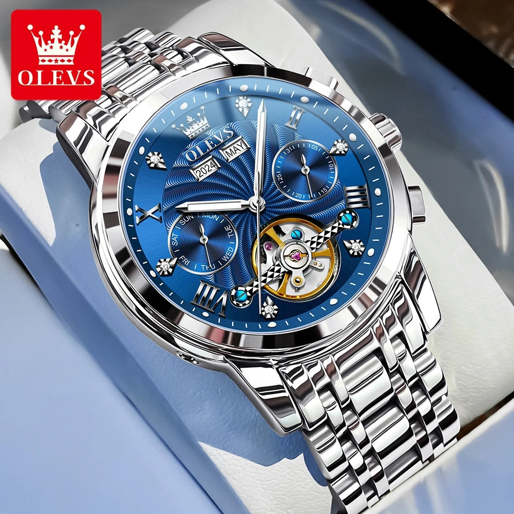OLEVS Herrenuhr Mode Kalender Mechanische Uhr für Herren Original Hohl-Stahlarmband Business-Armbanduhr Tief wasserdicht 7088