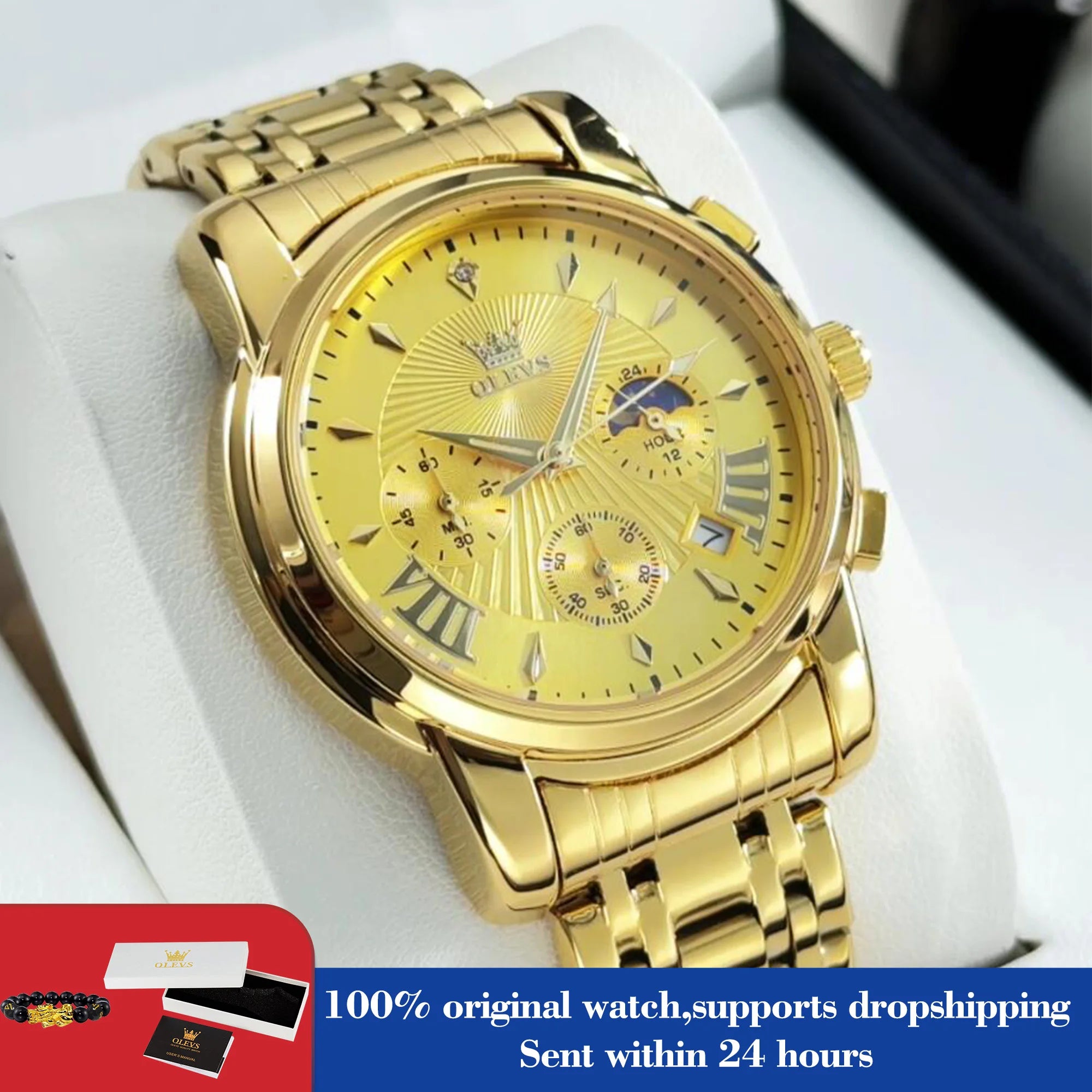 OLEVS 2892 Uhr Herren Schlicht Luxus Quarz Uhr für Herren Top Marke Chronograph Mondphase Wasserdichte Dress-Armbanduhr Leuchtend