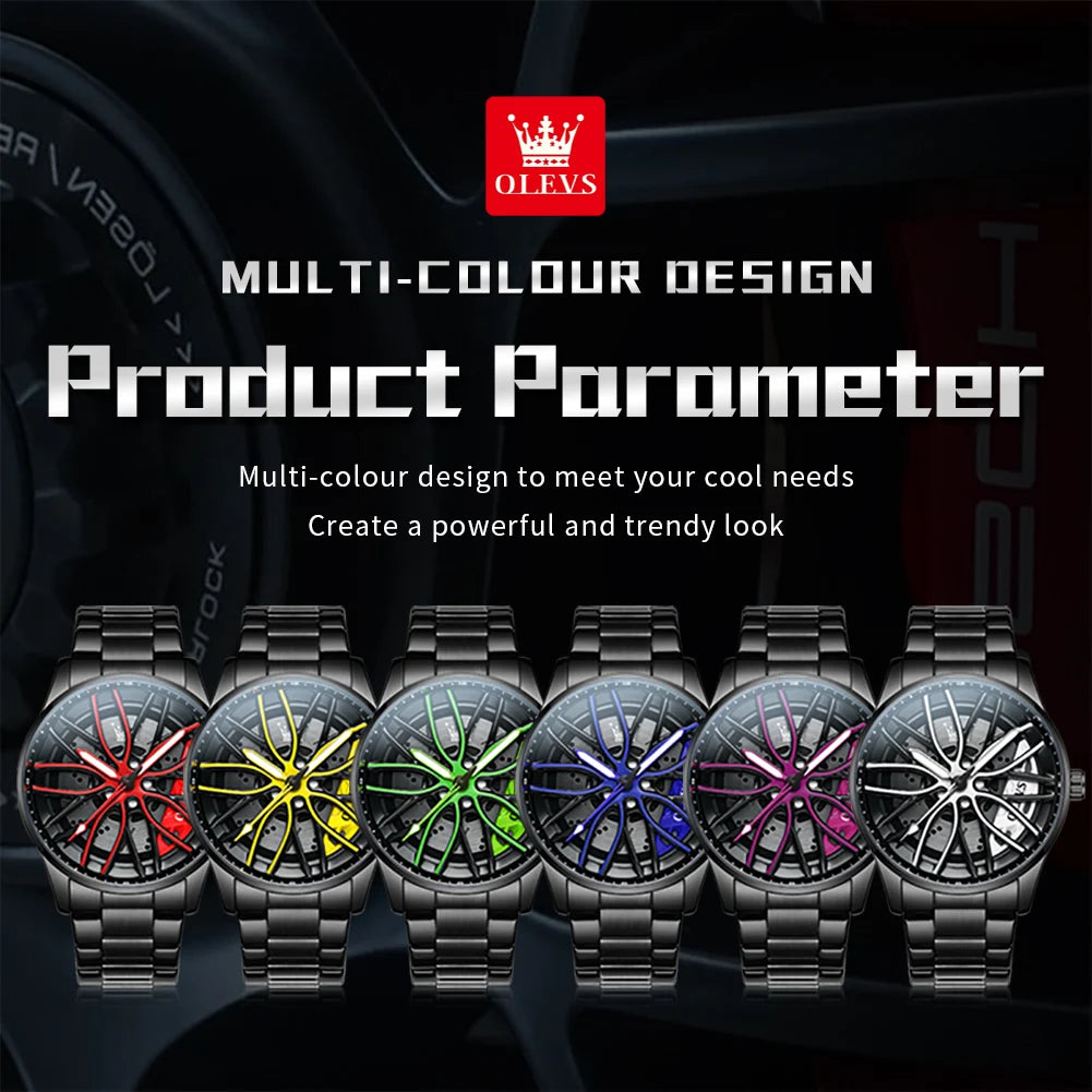 OLEVS Herrenuhr Quarzuhr Original drehbares Radnaben-Zifferblatt Modetrend Wasserdicht Leuchtend Edelstahl Armbanduhr 9937