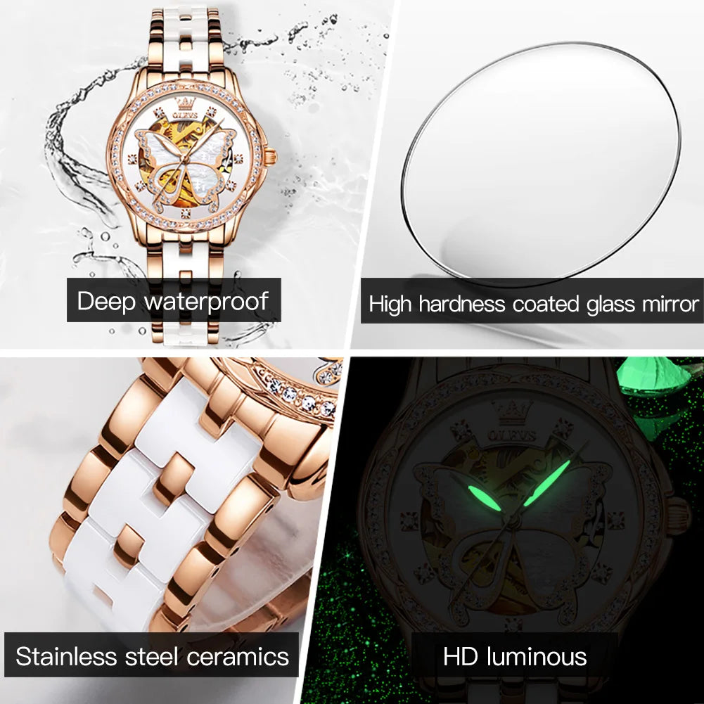 OLEVS 6622 Watch For Women Butterfly Dial Luxury Mechanical Woman Watch Waterproof Luminous Diamond Ladies Automatic Hand Clock