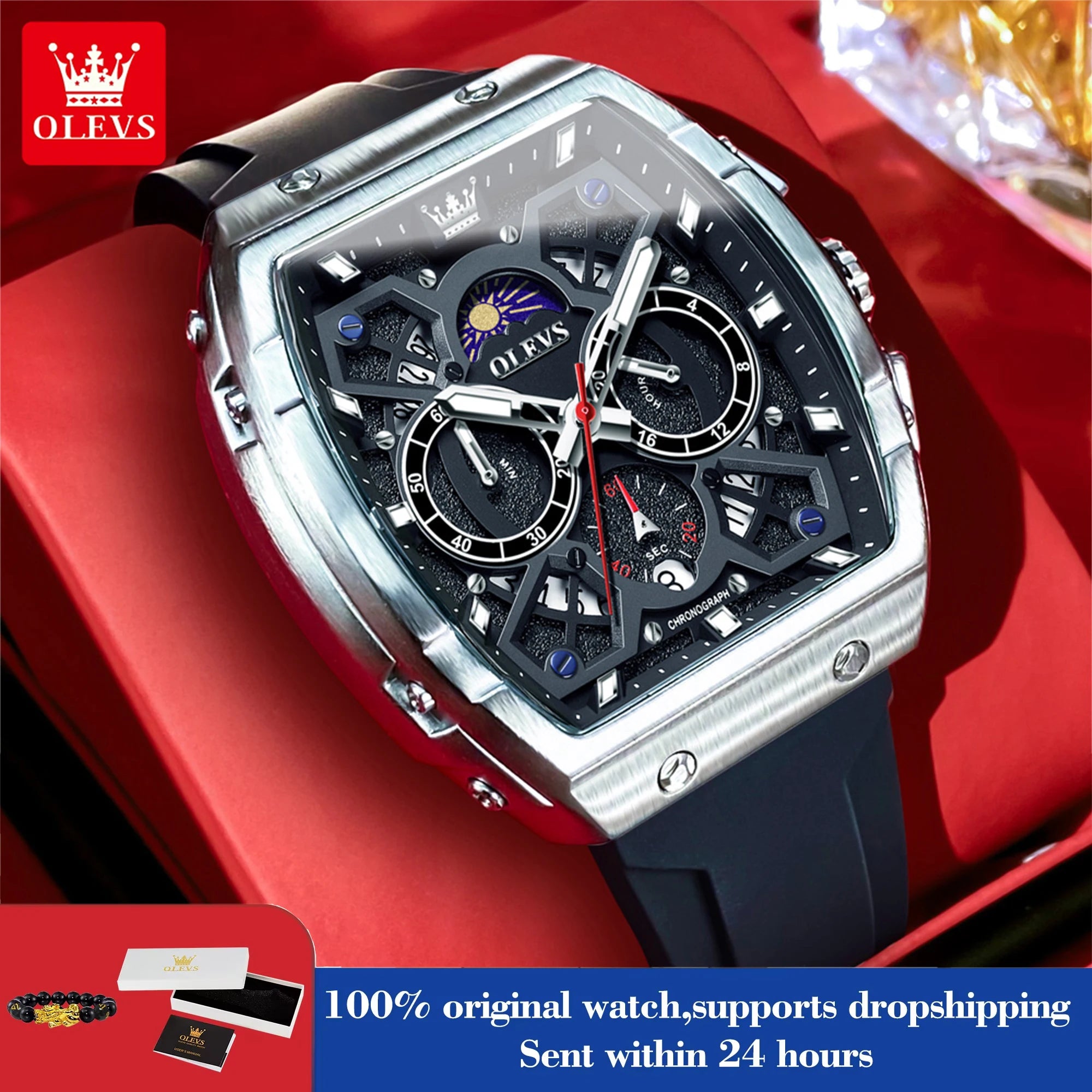 OLEVS 2942 Luxus-Chronograph Quarzuhr für Herren 44mm großes Zifferblatt Mondphase Zeigeruhr Datum wasserdicht Original Modeuhren