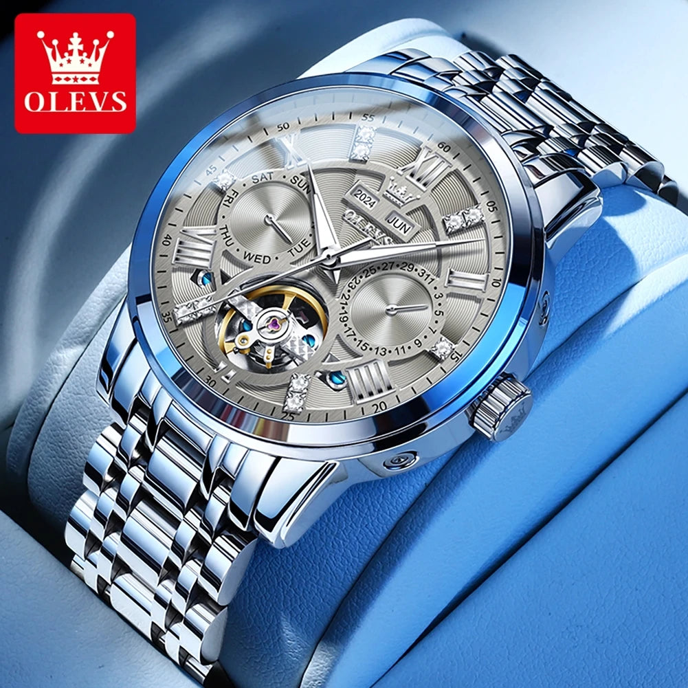 OLEVS 6701 Herrenuhren Top Marke Original Automatische Datumsanzeige Mechanische Uhr für Herren Hohl Wasserdicht Edelstahl Männliche Armbanduhr