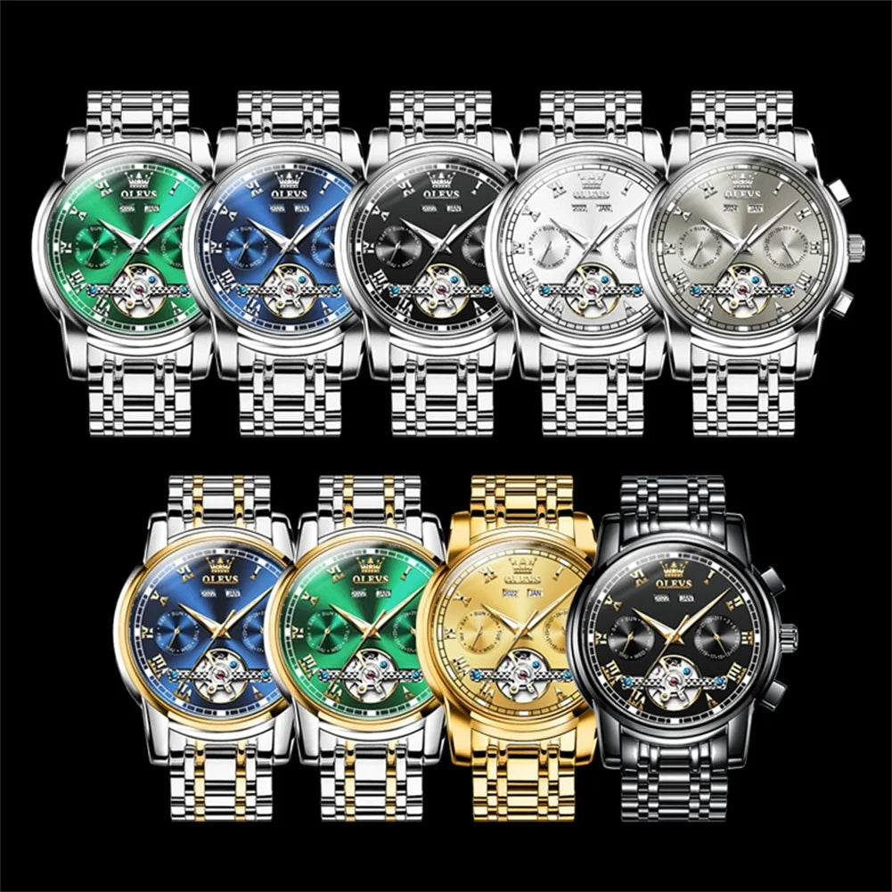 OLEVS Uhren für Herren Luxus-Edelstahl-Schwungrad-Automatik-Uhr Handuhr Woche Datum Wasserdicht Leuchtende Herrenuhr 6607