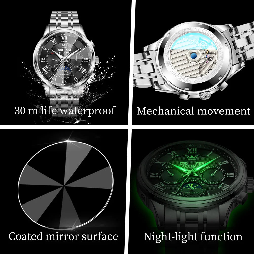 OLEVS 7113 Herrenuhr Luxus Mondphase Mechanische Uhren Für Herren Wasserdicht Automatische Datums Wochenuhr Handuhr Geschenkbox
