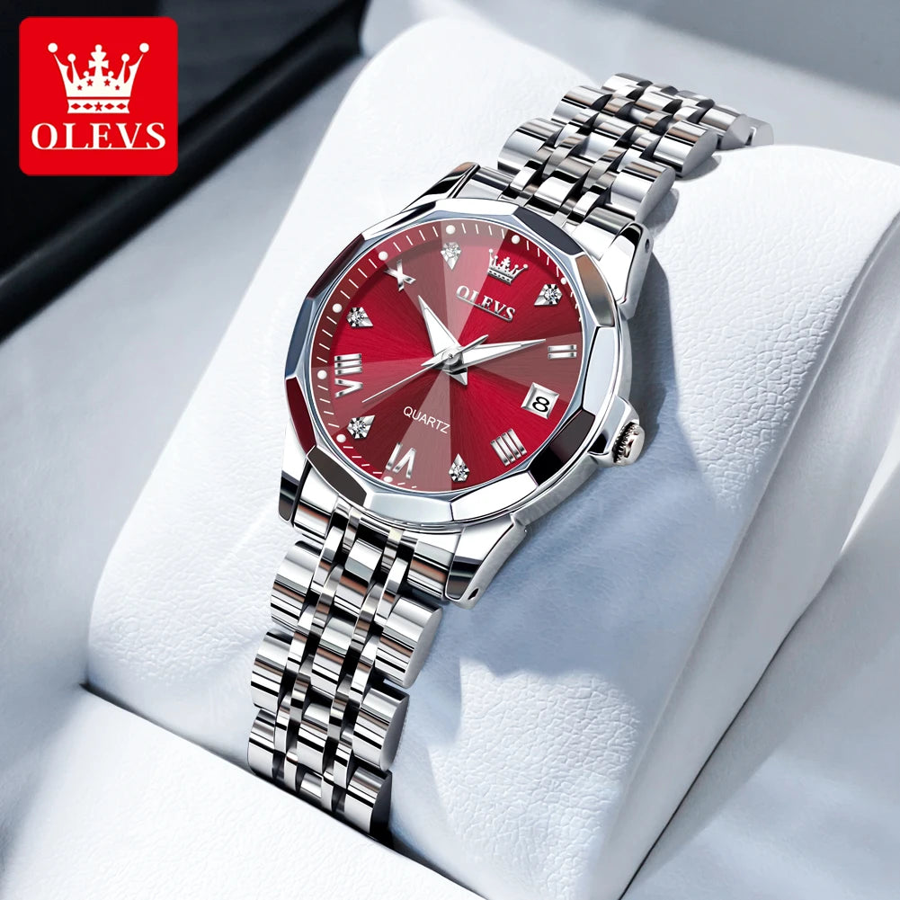OLEVS 9931 Original Quarzuhren für Damen, Rauten-Spiegel, wasserdicht, leuchtend, Edelstahl-Armbanduhren, Kalender, Neu