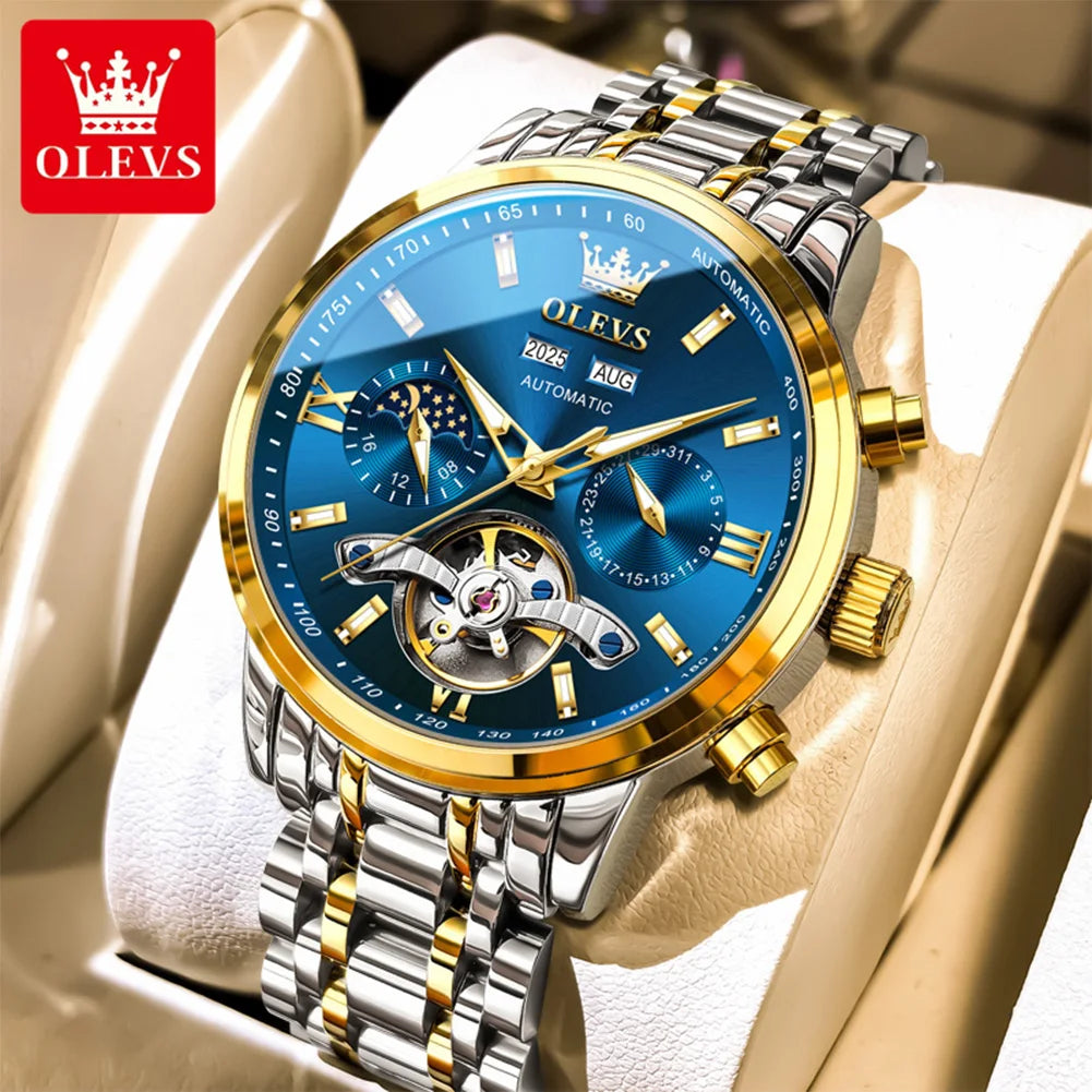 OLEVS Original Mondphasen-Uhren für Herren Schwungrad Automatische Mechanische Armbanduhr Wasserdicht Leuchtende Herrenuhren Geschenke 6740