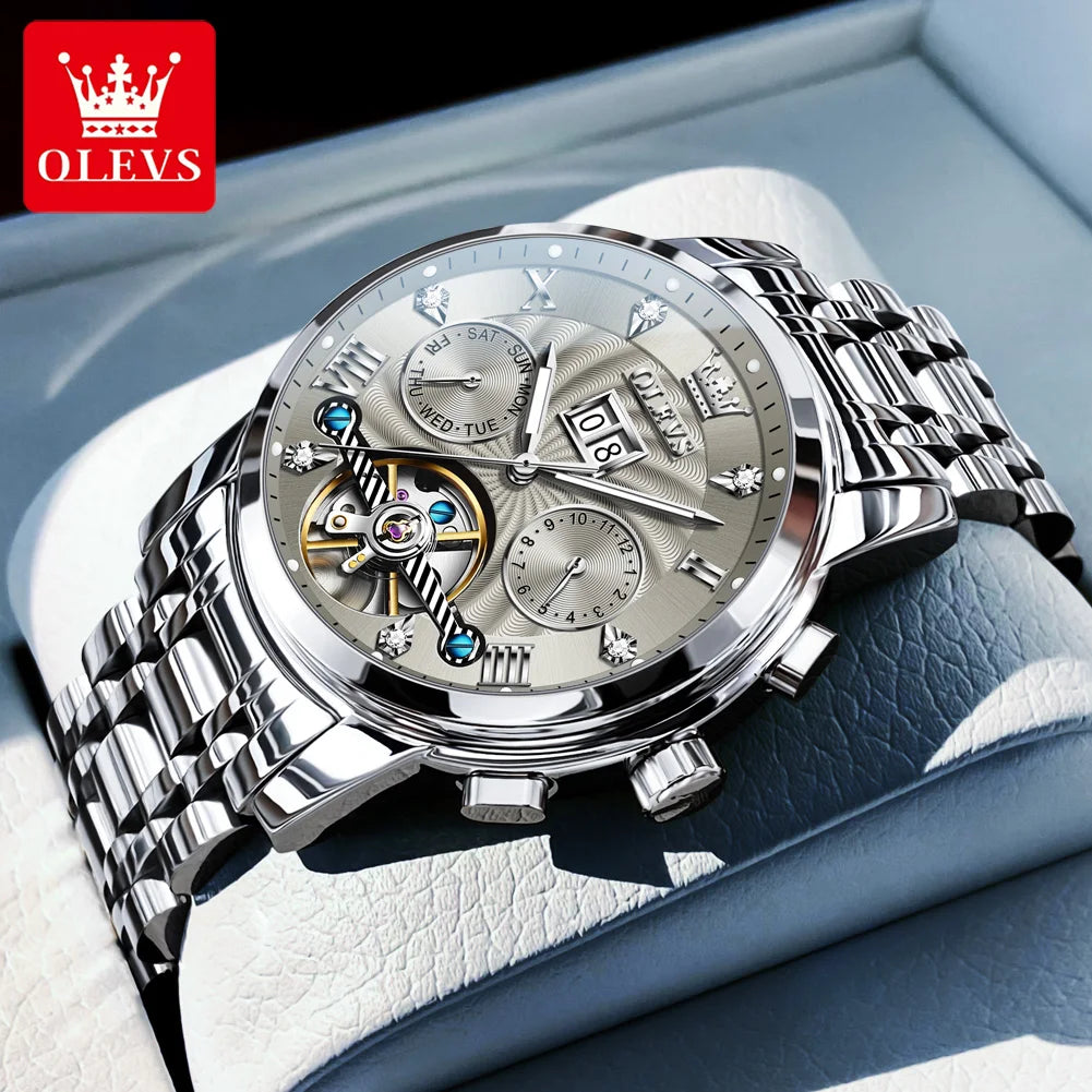 OLEVS 9910 Herrenuhr Luxus Business Mechanische Uhr für Herren Hohl Roman Skala Wasserdicht Leuchtender Kalender Herren-Armbanduhr