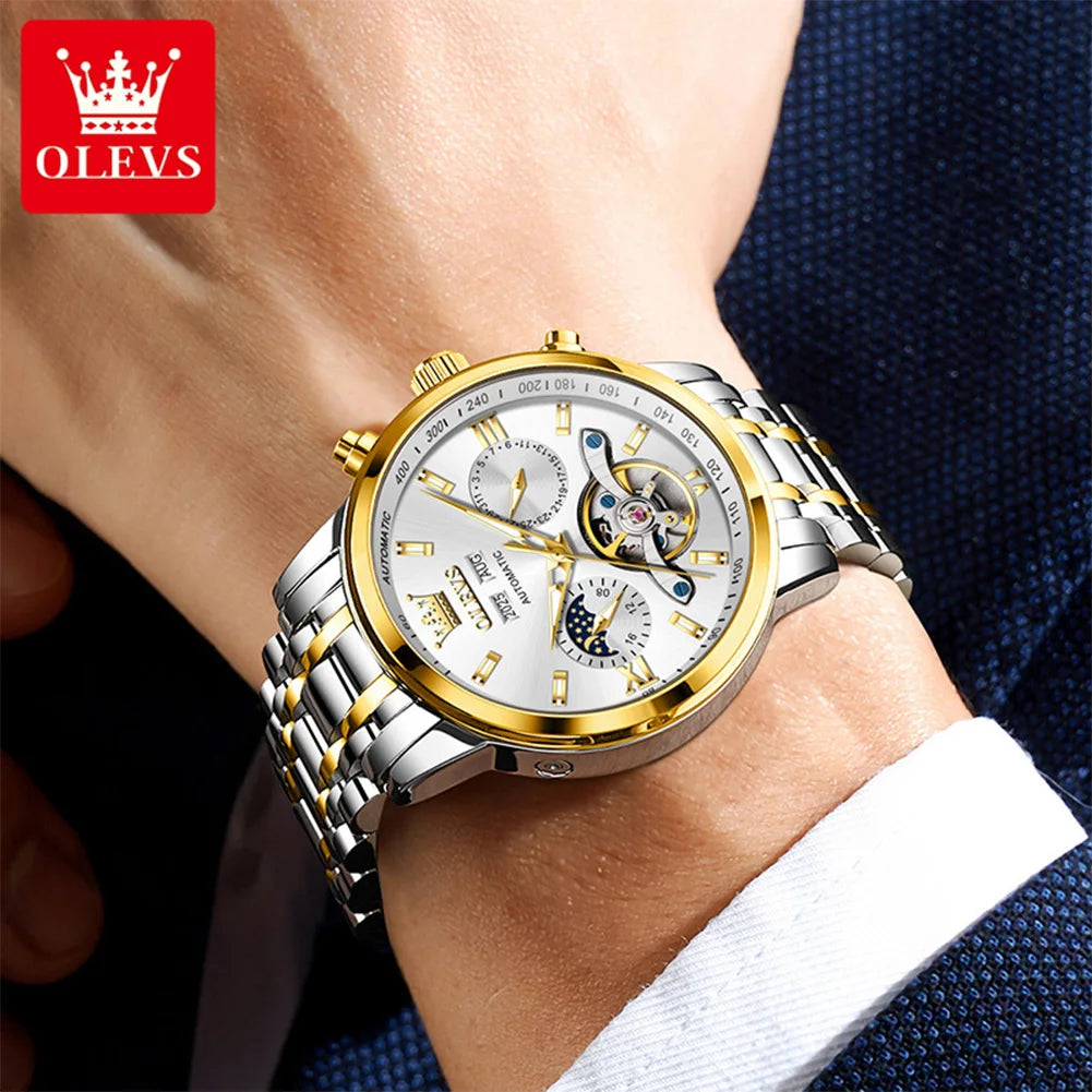 OLEVS Original Mondphasen-Uhren für Herren Schwungrad Automatische Mechanische Armbanduhr Wasserdicht Leuchtende Herrenuhren Geschenke 6740
