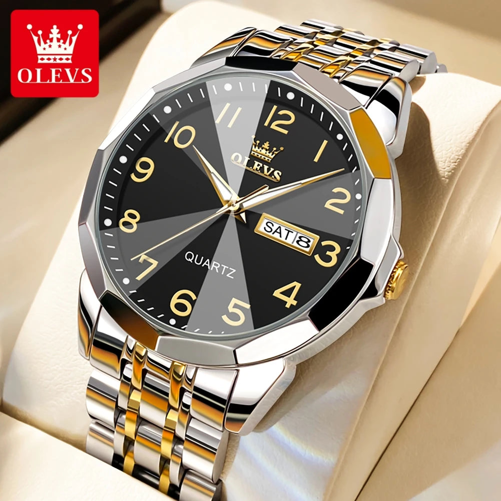 OLEVS 9970 Paar-Armbanduhr für Herren und Damen, luxuriöses Zifferblatt, Rhombus-Spiegel, Quarz-Handuhr, Edelstahl, originale Kleideruhren