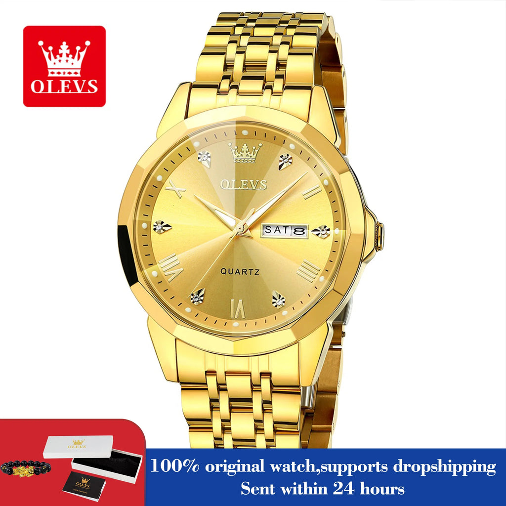 OLEVS 9931 Quarzuhr für Herren, Rauten-Spiegel, wasserdicht, leuchtend, Edelstahl-Armbanduhren, Doppelkalender, Herren-Armbanduhr