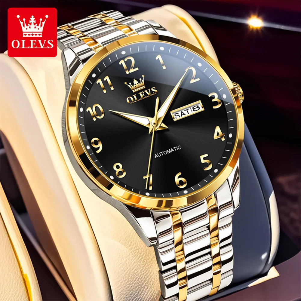 OLEVS 7078 Herren Automatikuhr Top-Marke Doppelte Kalender Mechanische Uhr Für Männer Ziffernblatt Business Armbanduhr Stahlarmband