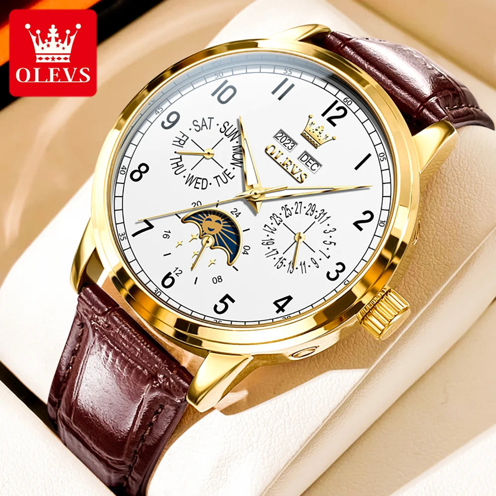 OLEVS 6698 Herren Automatikuhr mit Zifferblatt, Mondphase, mechanisch, für Herren, 42 mm großes Zifferblatt, wasserdicht, Leder, Herrenuhr