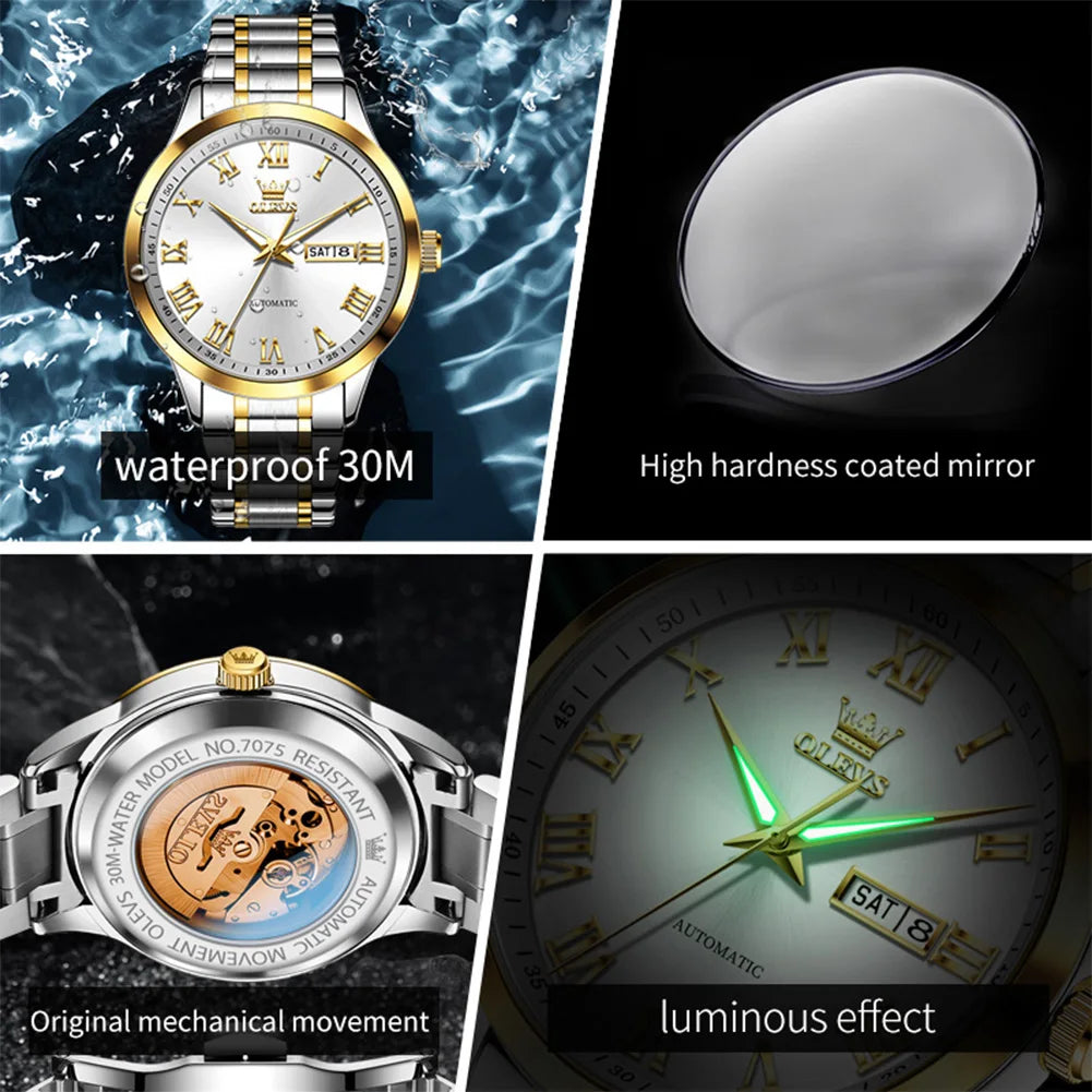 OLEVS 7075 Uhren für Herren Luxus Original Mechanische Uhr für Herren Wochenkalender Wasserdicht Automatische Armbanduhr Edelstahlarmband