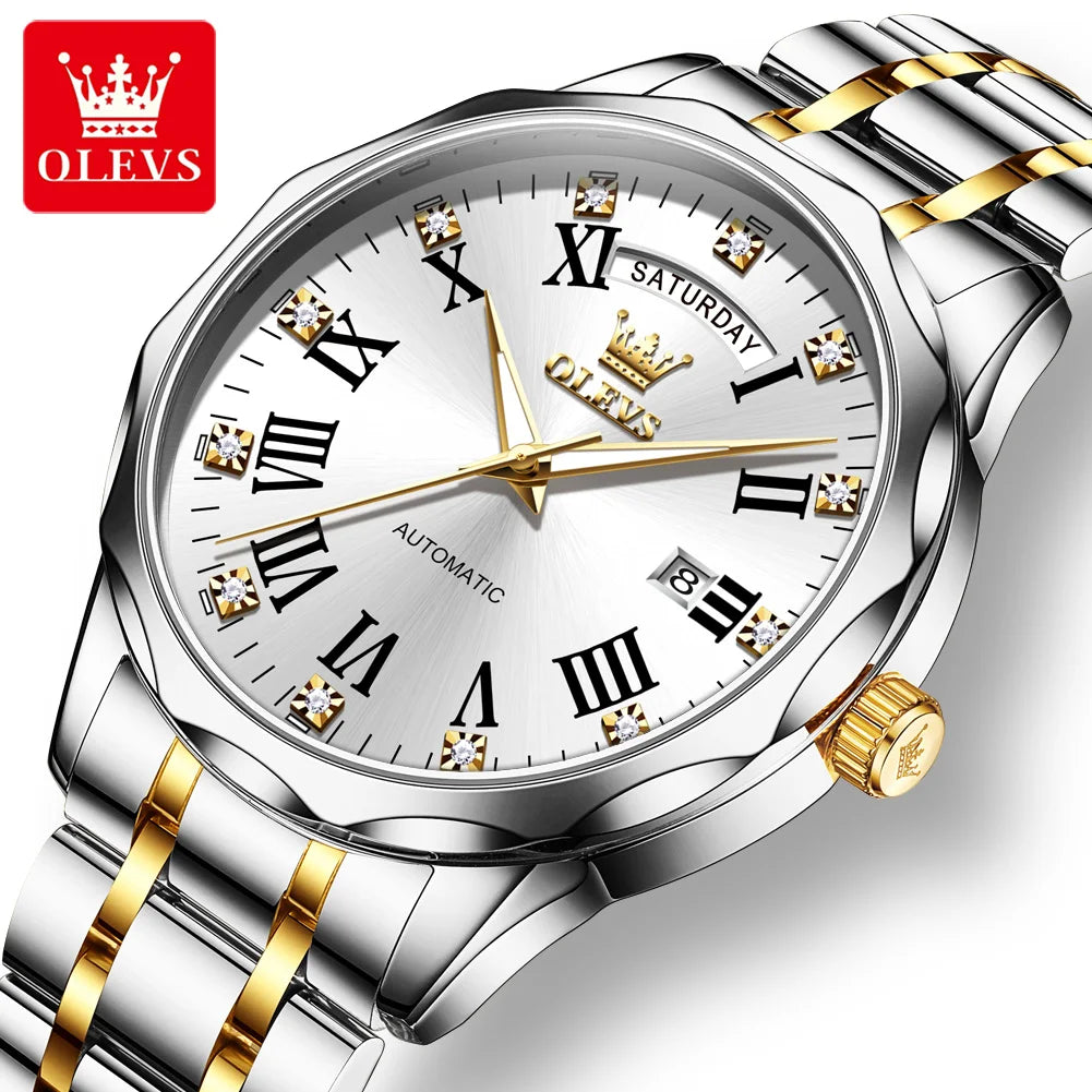OLEVS 6780 Luxus Business Automatikuhr für Herren, römische Ziffern, Doppelkalender, wasserdicht, Edelstahl