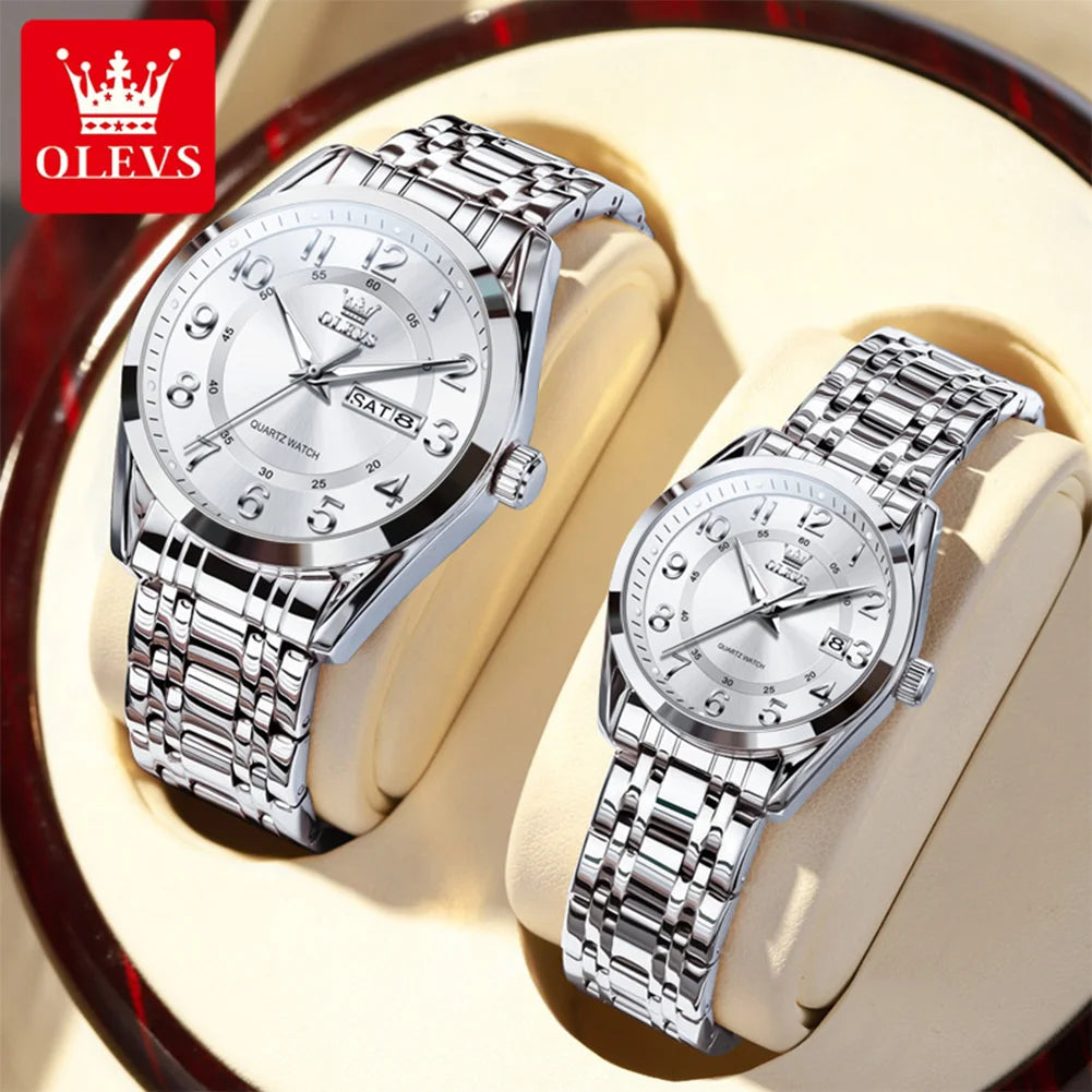 OLEVS 3666 Couple Watch Luxury Business Top Brand Waterproof Luminous Dress Hand Clock Original Number Scale Date Fashion Watch