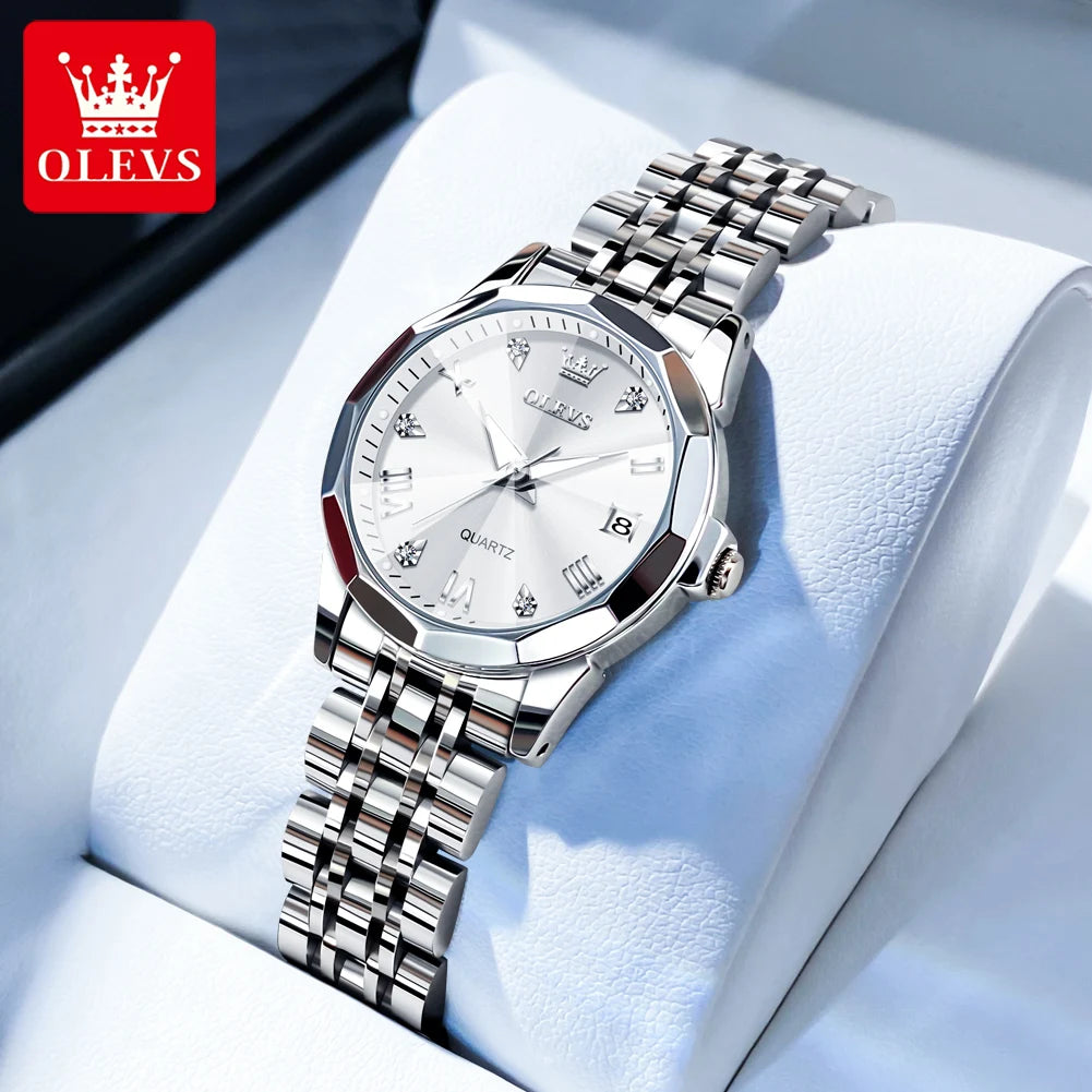 OLEVS 9931 Uhr für Herren und Damen Römische Skala Quarz-Paaruhr Rhombus-Spiegel Automatisches Datum Armbanduhr Luxus Wasserdichte Handuhr