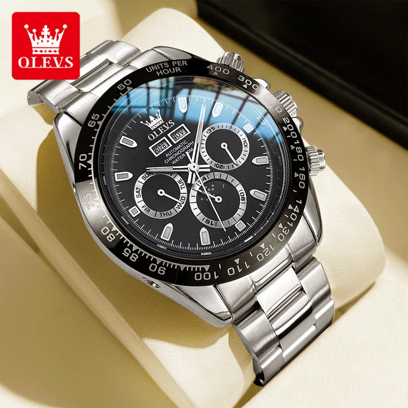 OLEVS 6654 Herrenuhr Wochenkalenderanzeige Automatische mechanische Uhr für Herren Edelstahl Wasserdicht Geschäftsuhr