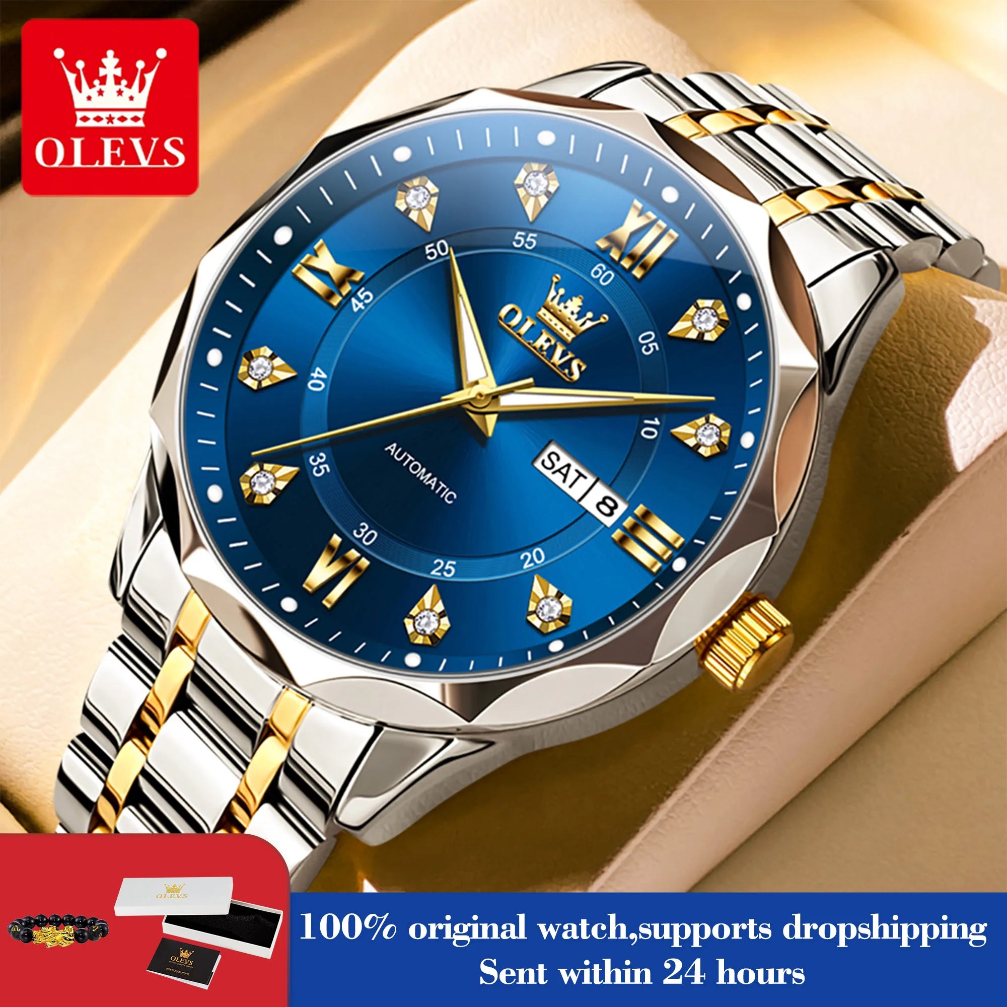 OLEVS 6727 Herren Automatikuhr Luxus Dual Kalender Mechanische Armbanduhr für Herren Zirkonskala Edelstahlarmband Wasserdichte Herrenuhr