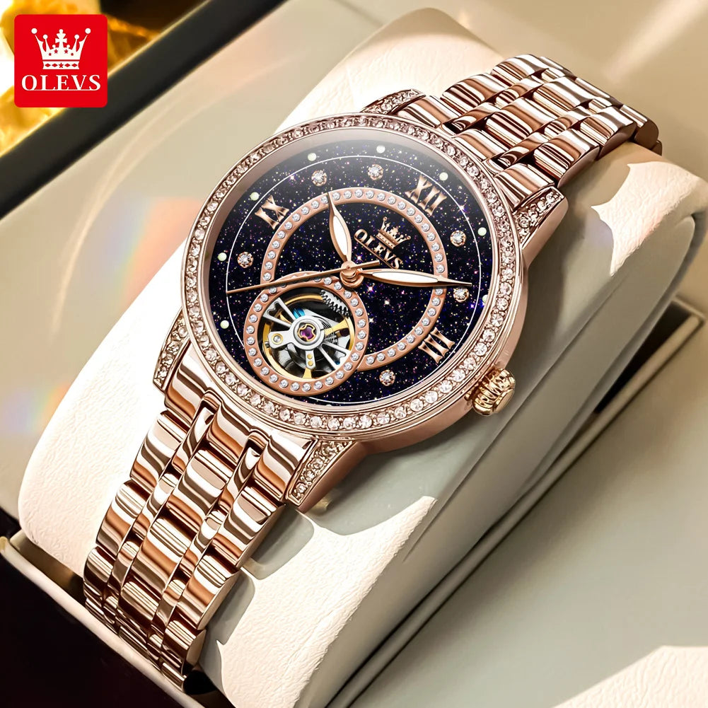 OLEVS Hollow Original Mechanical Watches For Women Diamond Luxury Automatic Hand Clock Waterproof Elegant Woman Dress Watches