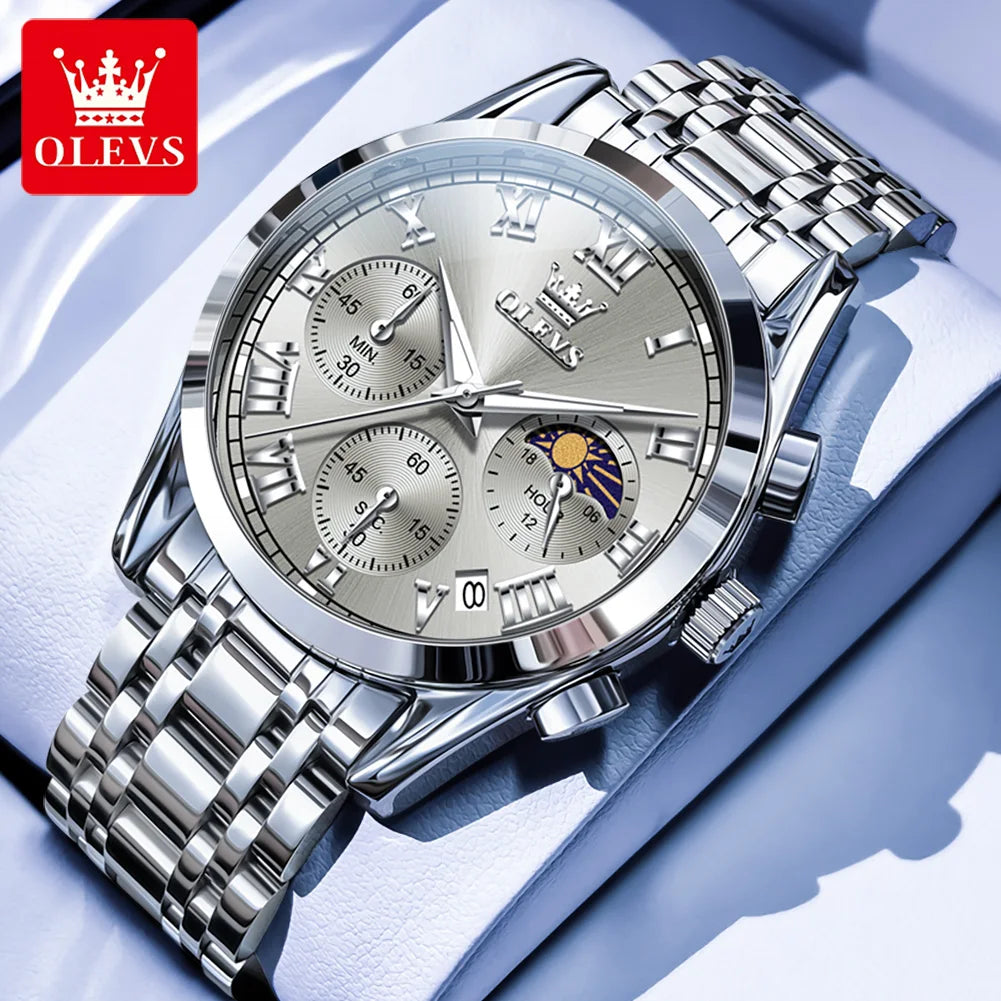 OLEVS 2871 Herrenuhr Original Kalender Mondphase Quarzuhr 30M Wasserdicht Edelstahl Herrenarmbanduhr Uhren für Herren