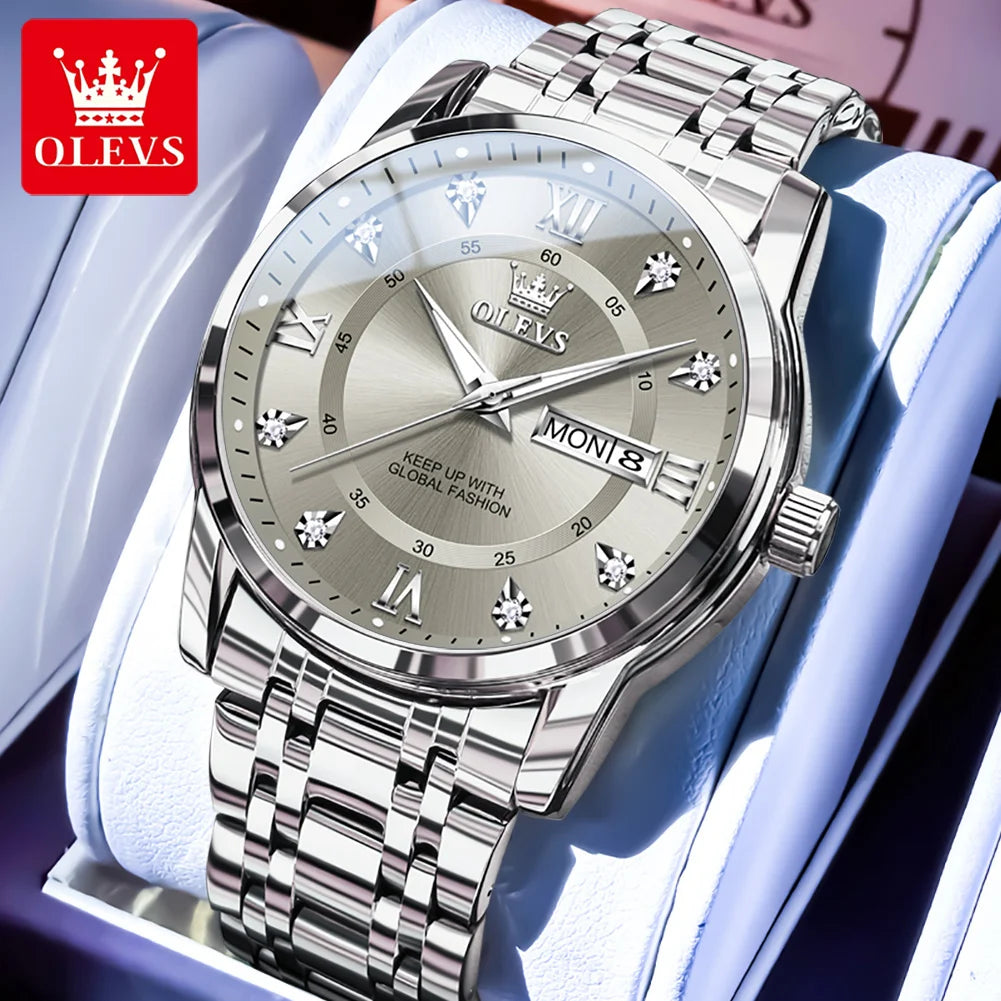 OLEVS 5513 Armbanduhr Herren Dual-Kalender Mode Quarzuhr Für Männer Diamant-Skala Edelstahl Luxus Herren Armbanduhr Wasserdicht