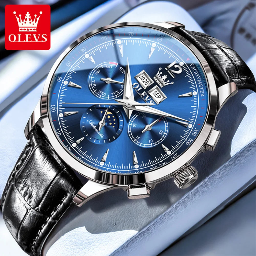 OLEVS 7128 Herrenuhr Luxus Klassische Automatische Mechanische Armbanduhr Wasserdichter Ewiger Kalender Mondphasenuhren Für Herren