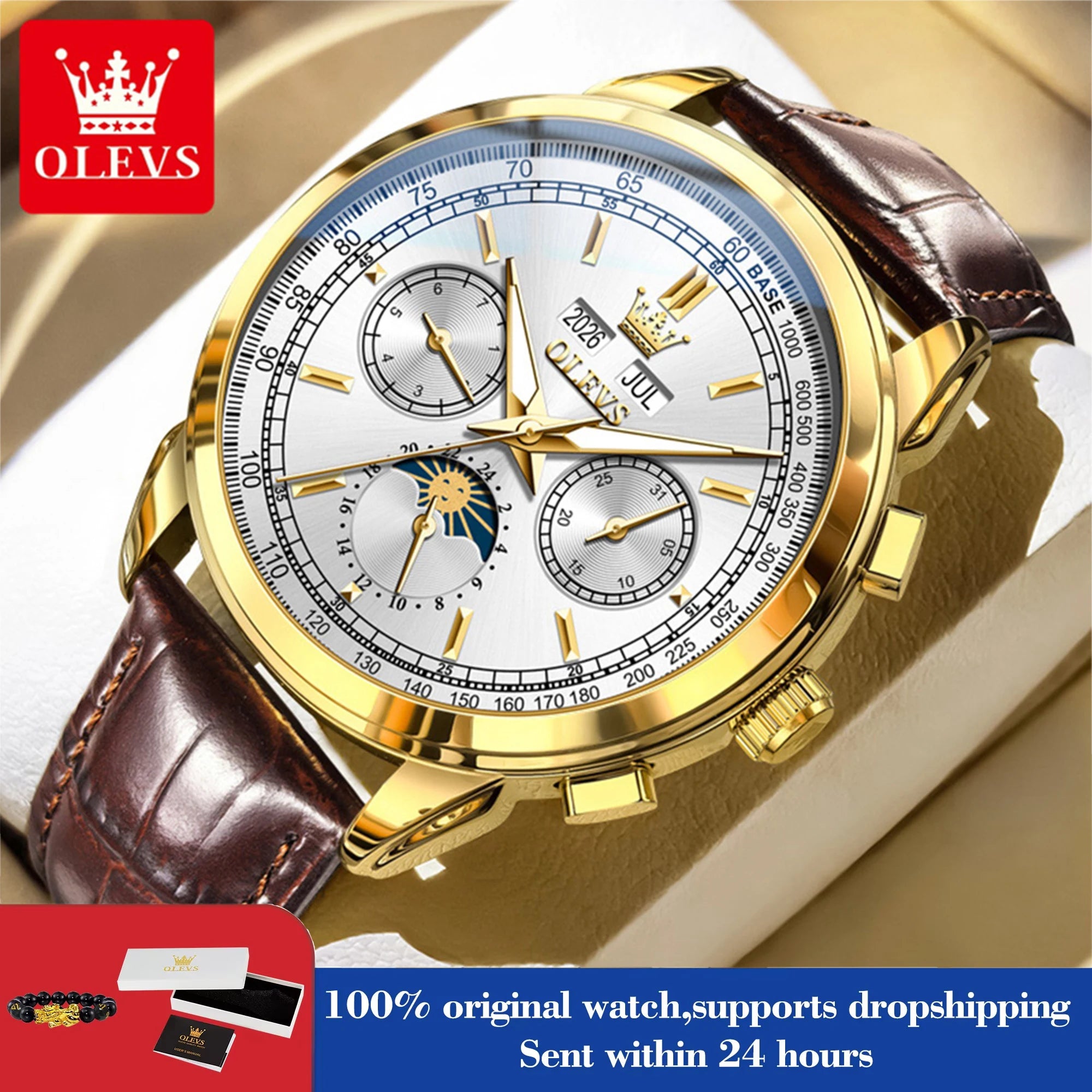 OLEVS Herrenuhr Klassische Automatische Mechanische Armbanduhr Wasserdichter Ewiger Kalender Mondphase-Uhr Für Herren Handuhr 7171