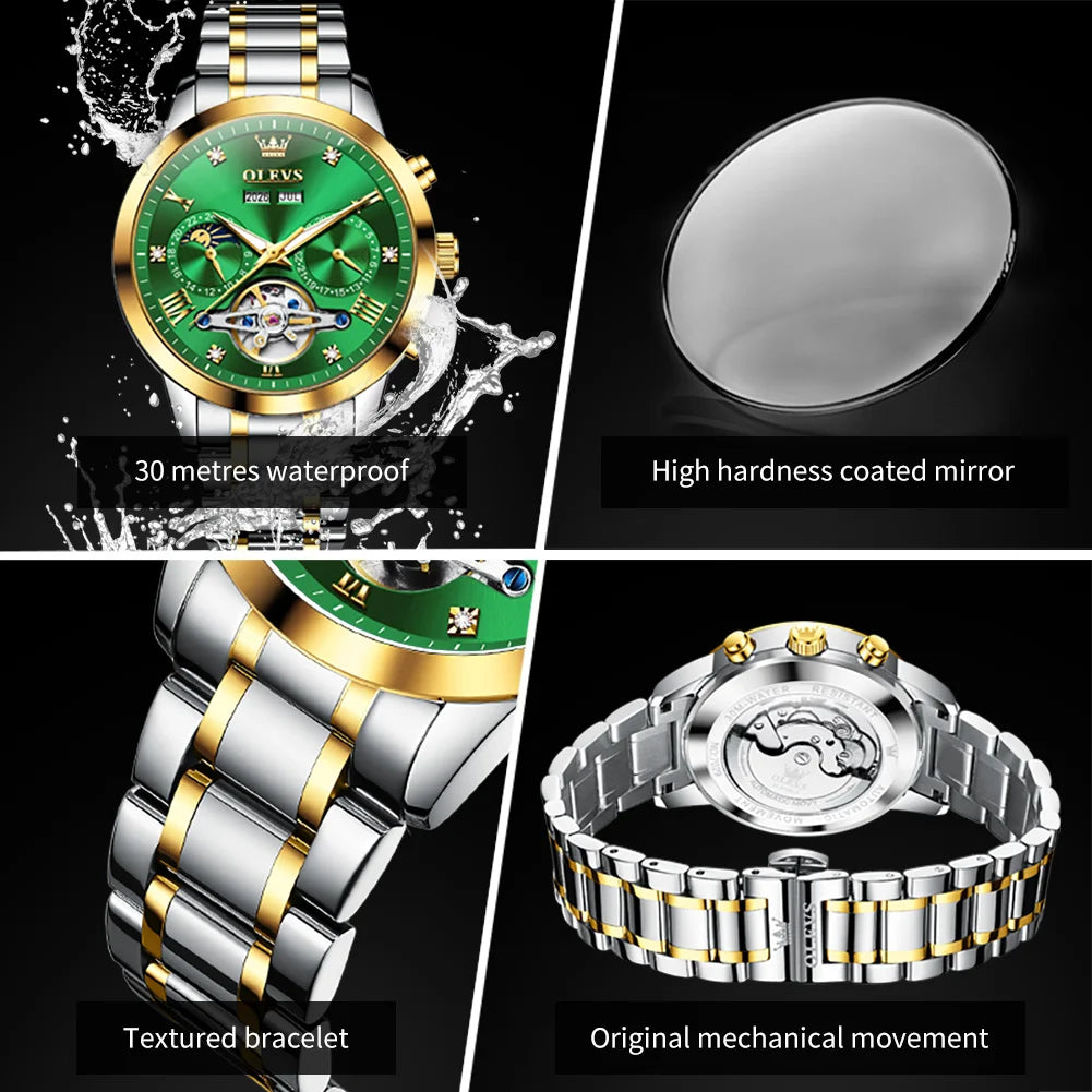 Original Fashion Top Marke OLEVS Uhren für Herren Automatische mechanische Uhren Wasserdicht Leuchtende Mondphase Herrenuhren 7029