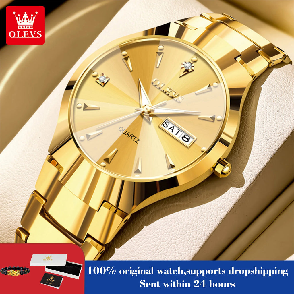 OLEVS 8697 Herrenuhr Top Marke Luxus Dual-Kalender Quarzuhr für Herren Rhombus-Spiegel Wolframstahlarmband Herren-Armbanduhr