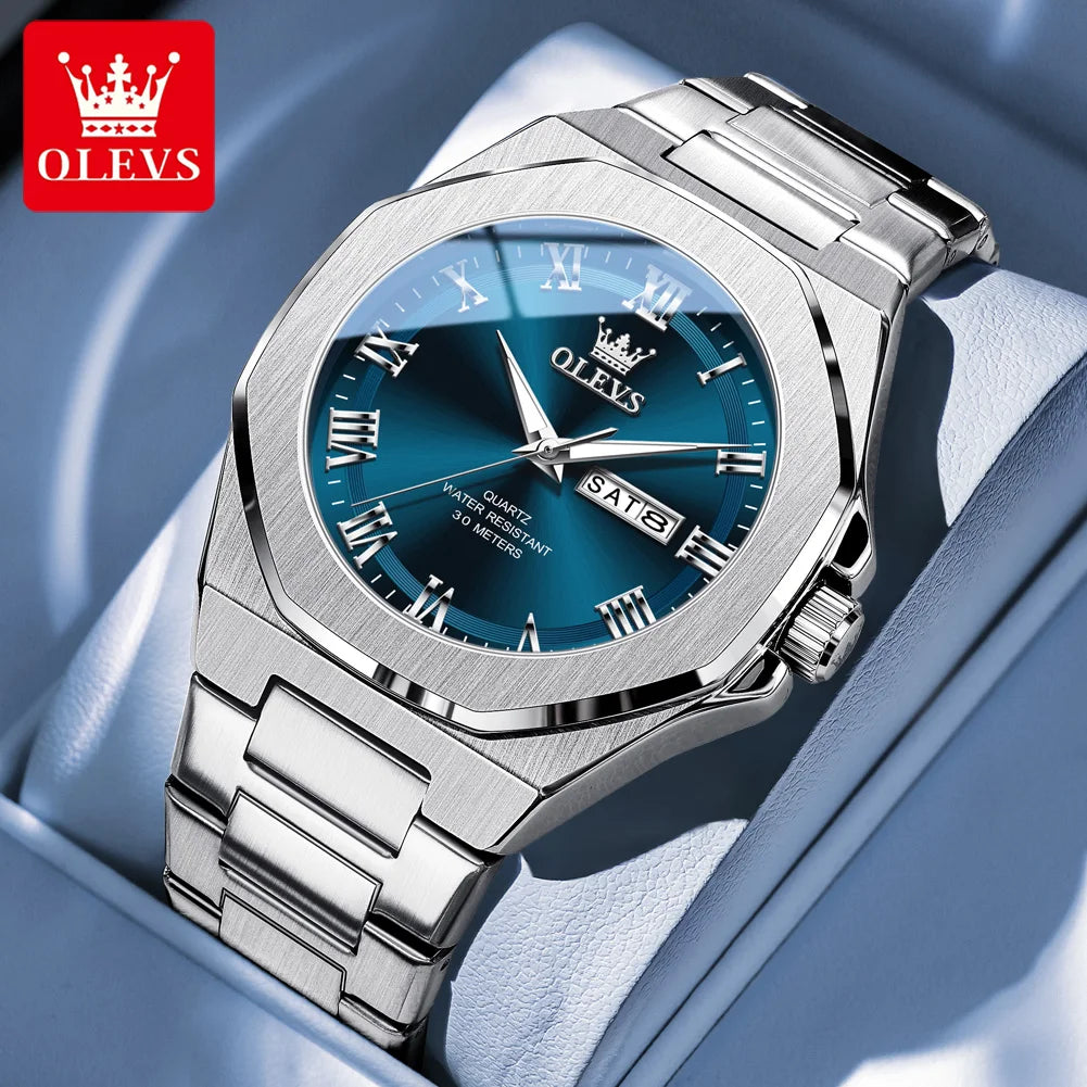 OLEVS 3727 Herrenuhren Wasserdicht Leuchtend Wochentag Datum Quarzuhr Edelstahl Luxusuhren für Männer Hochwertige Uhr